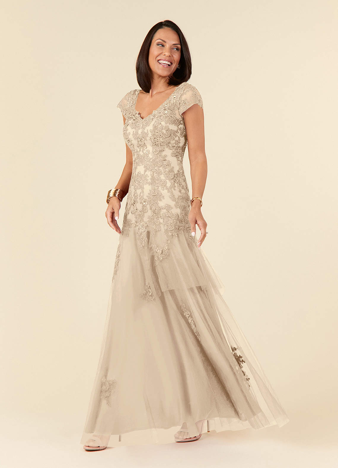 Azazie Romy Mother of the Bride Dresses Champagne Mermaid V-Neck Sequins Tulle Dress image1
