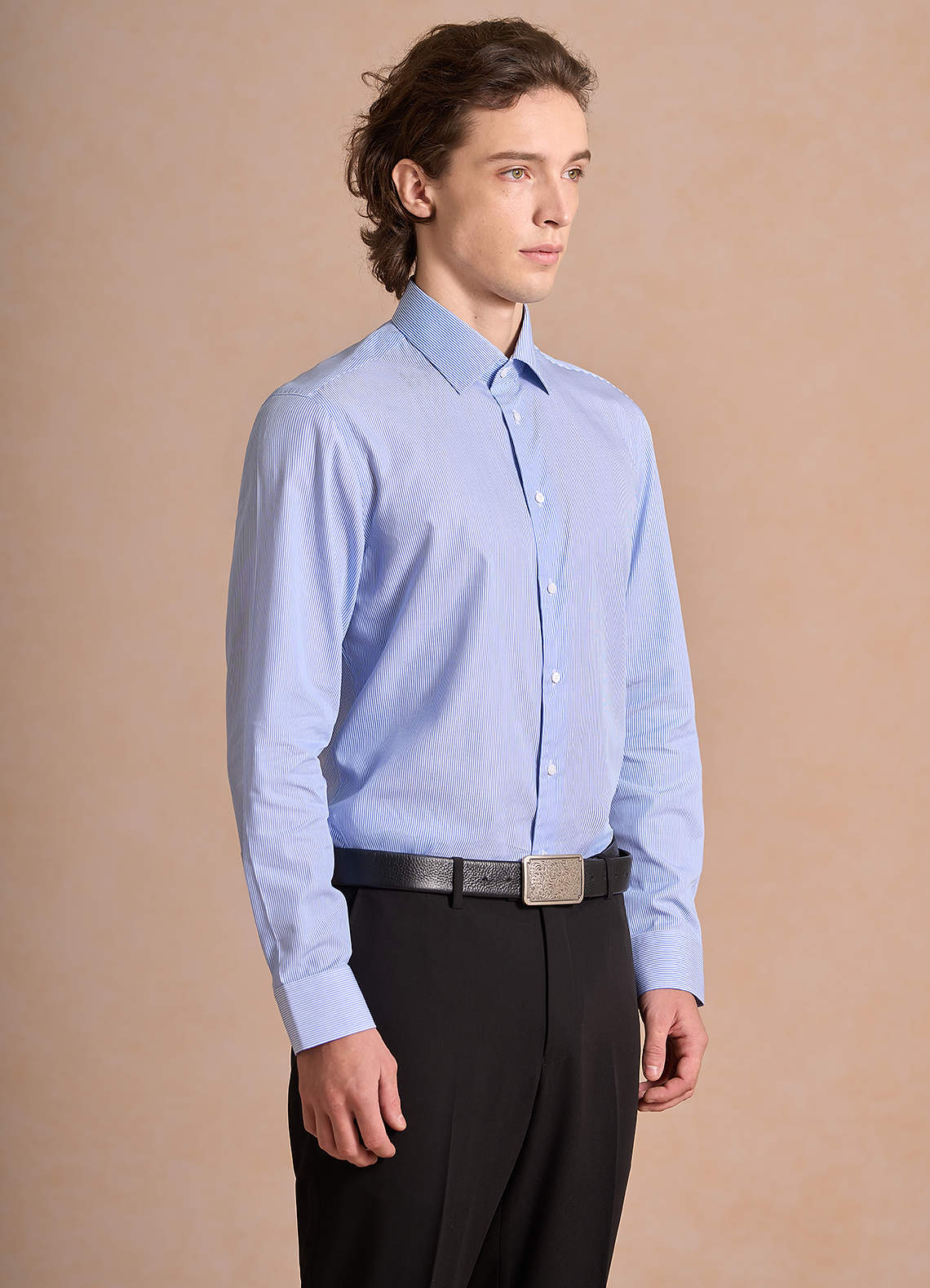 front Aiden 하얀 하늘색 100% 면 소재, 다림질이 필요 없는 스트라이프 드레스 셔츠