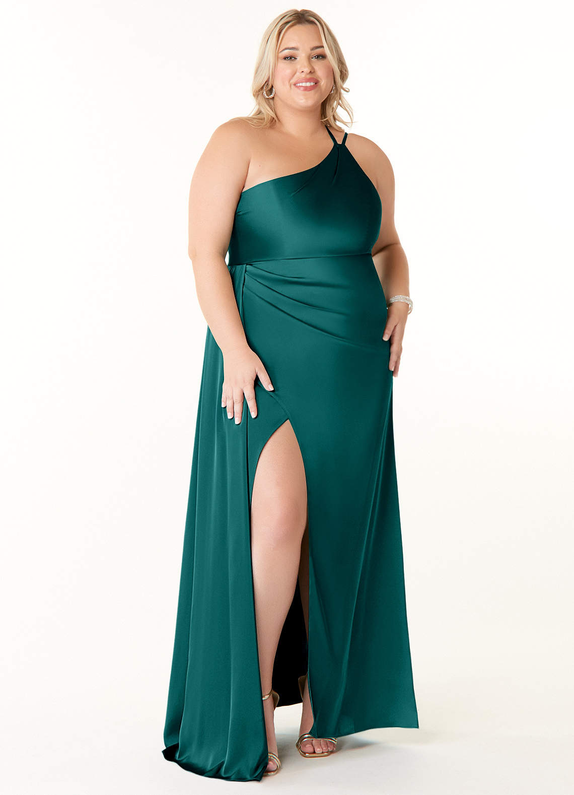 Azazie Maron Abiti da Damigella Abito A-Line in Raso Elasticizzato Monospalla Verde Pavone image1
