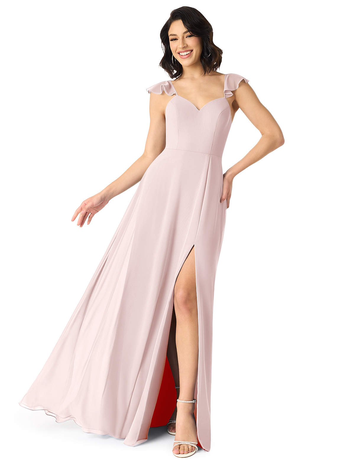 Azazie Everett Bridesmaid Dresses Blushing Pink A-Line V-neck Ruched Chiffon Dress image1