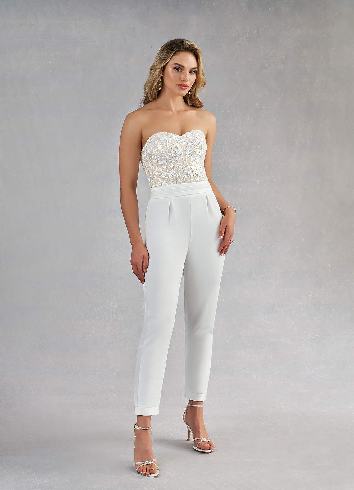 Azazie Tiffany Wedding Dresses Diamond White Champagne Pant Styles Lace Stretch Crepe Dress image2