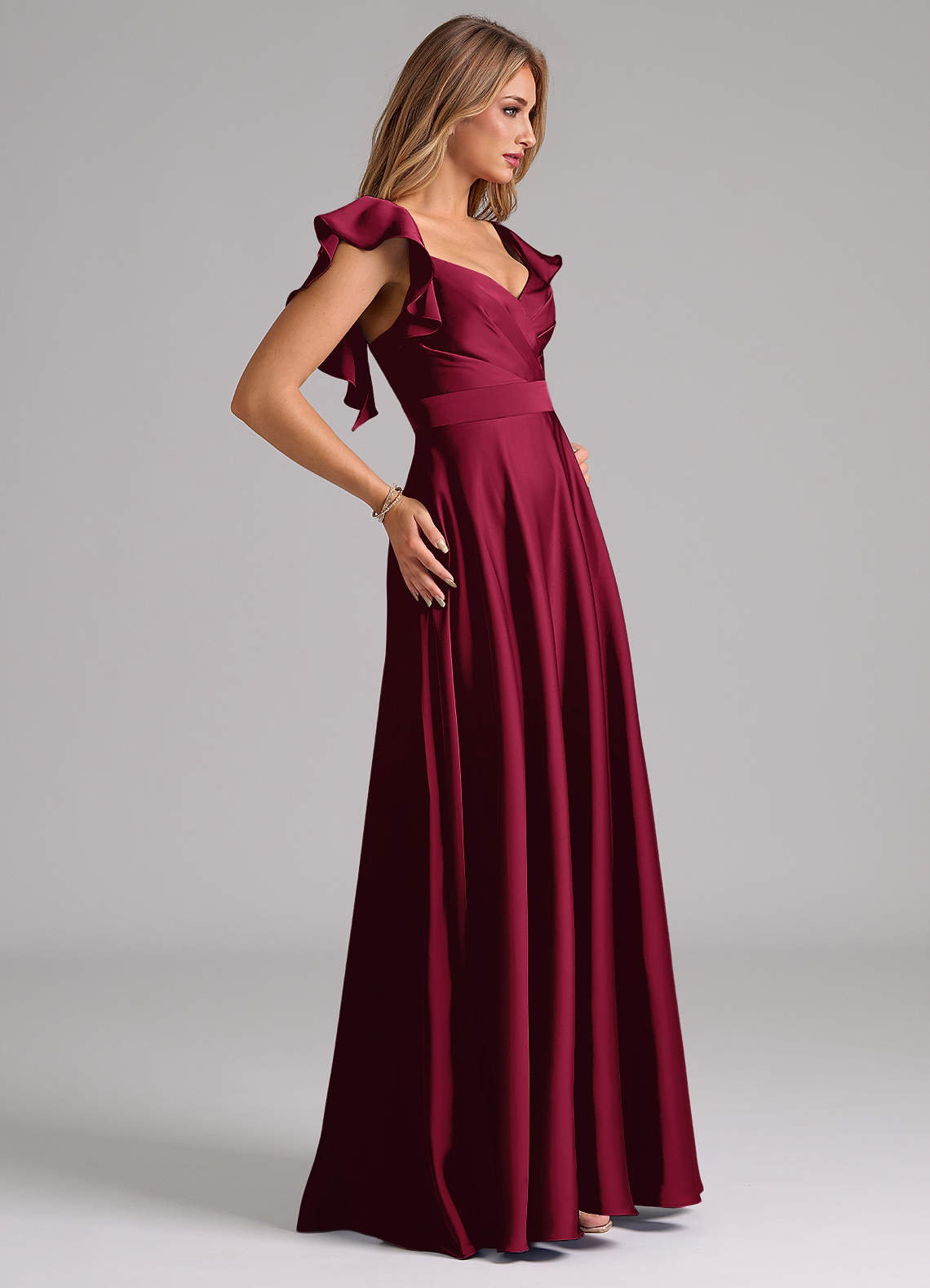 Azazie Leilani Bridesmaid Dresses Burgundy A-Line Ruched Stretch Satin Dress image5