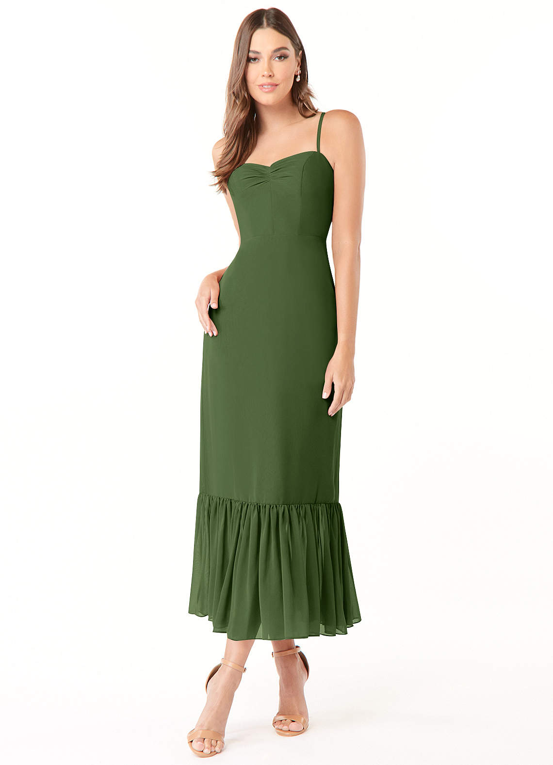 Azazie Justina Bridesmaid Dresses Olive A-Line Sweetheart Neckline Chiffon Dress image1