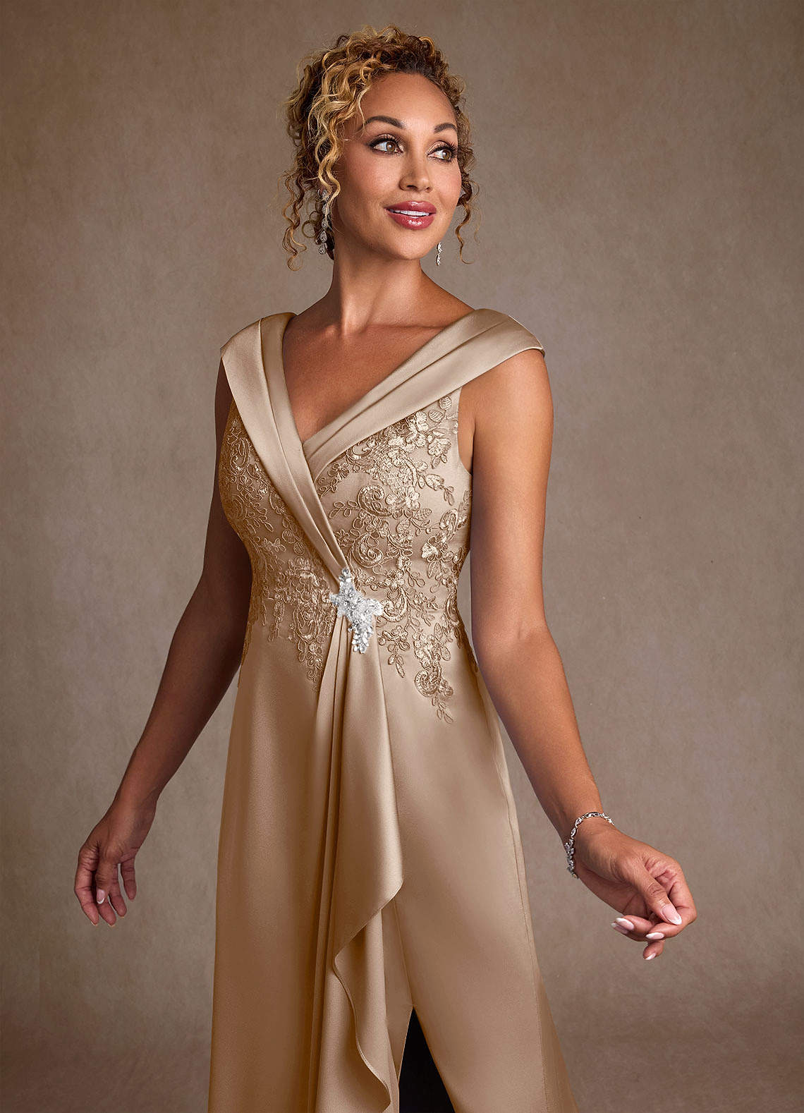 Azazie Santa Monica Mother of the Bride Dresses Taupe A-Line Lace Dress image4