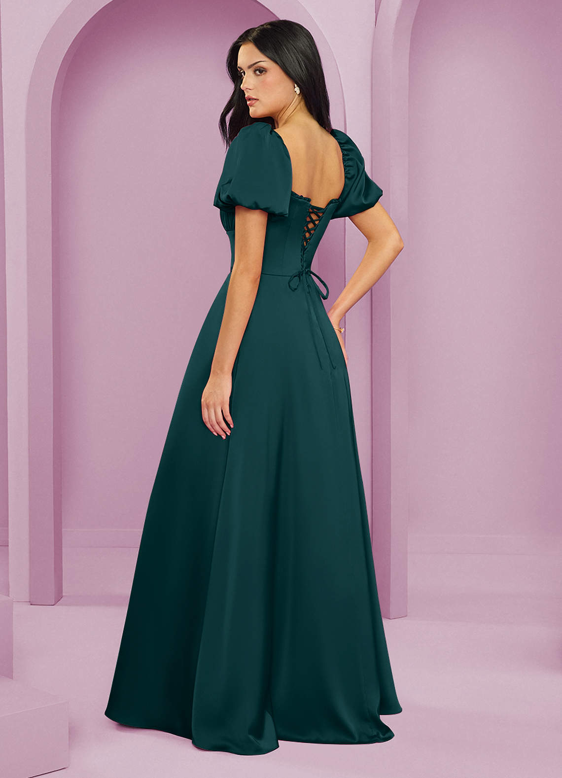 Barbie ♥ Azazie Robes de demoiselle d'honneur Robe Trapèze en Satin extensible Rayé Vert Pin image1