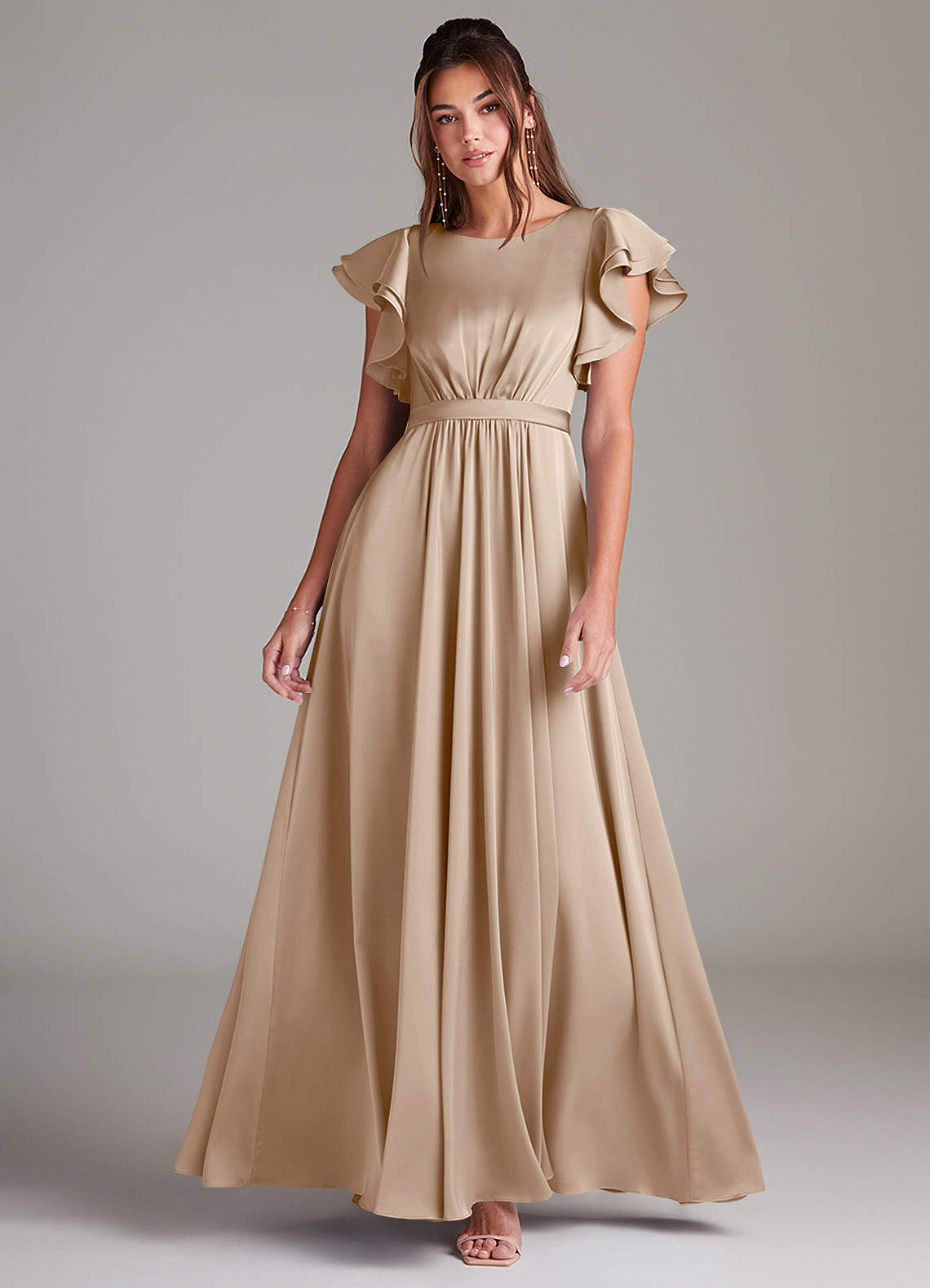 Azazie Daphne Modest Bridesmaid Dresses A-Line Ruched Stretch Satin Floor-Length Dress image1