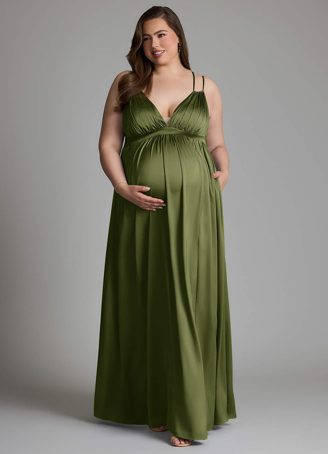 Azazie Emree Maternity Bridesmaid Dresses A-Line Stretch Satin Floor-Length Dress with Pockets image6