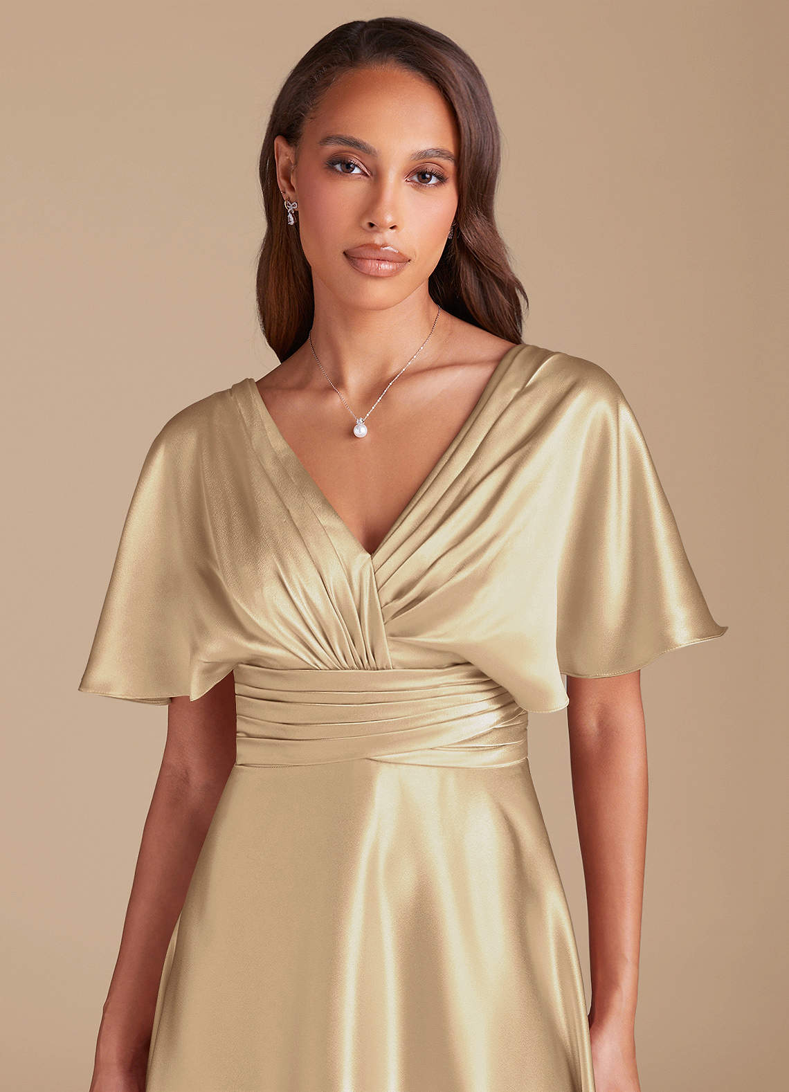 sachin and babi light blue dress Bebe Satin Cowl Neck Wrap Dress Champagne– Selfie Leslie main image 0