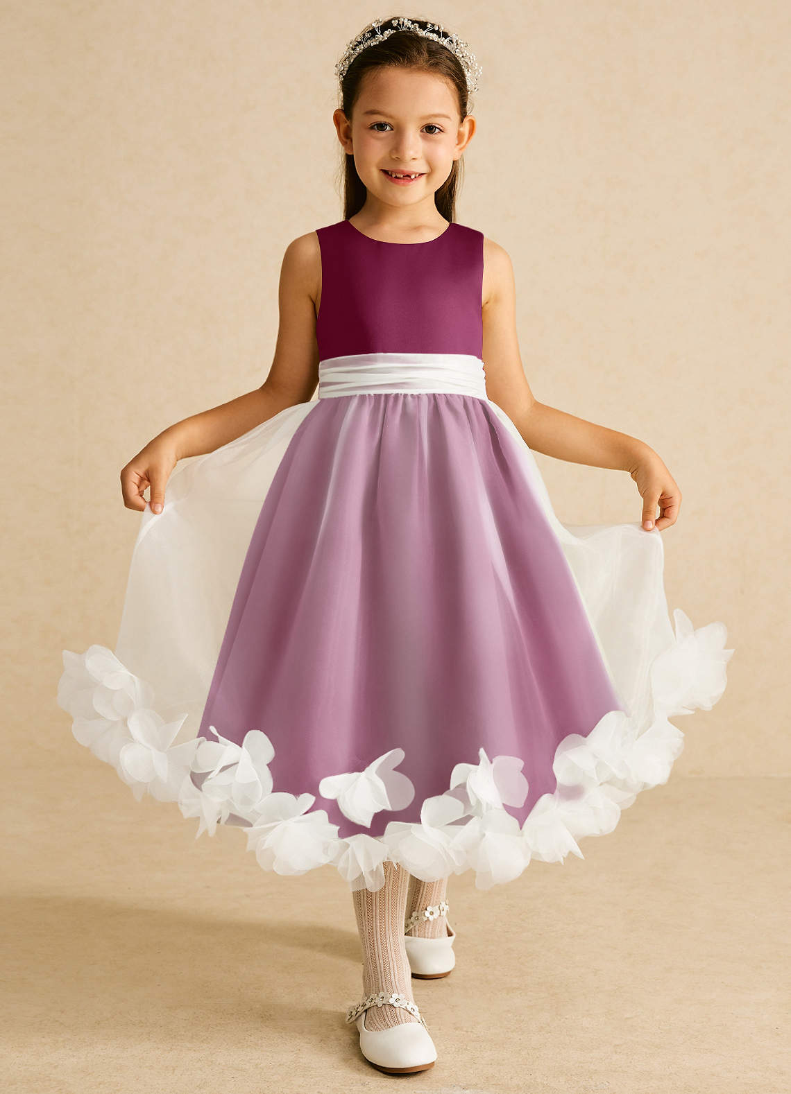 Azazie Stardust Flower Girl Dresses Mulberry A-Line Sleeveless Organza Dress image1