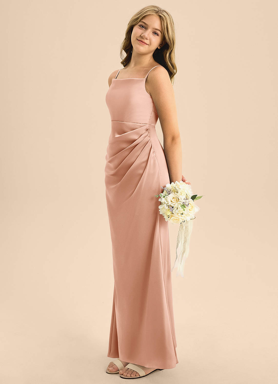 Azazie A-Line/Princess Straight Floor-Length Stretch Satin Junior Bridesmaid Dresses - English Rose