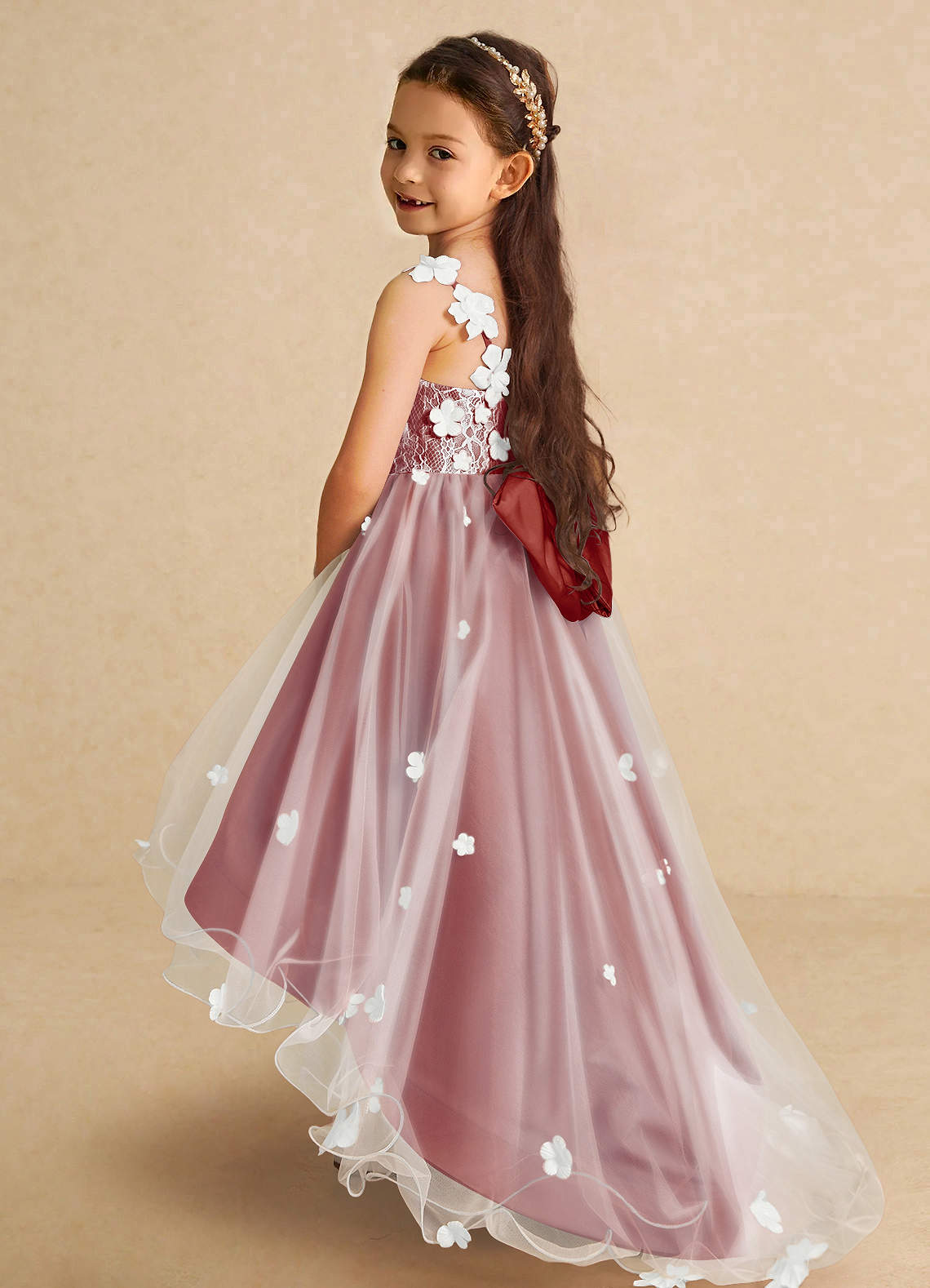Azazie Celia Flower Girl Dresses Terracotta A-Line Lace Tulle Dress image1