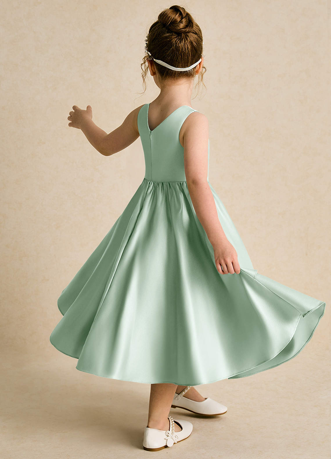 Azazie Hermia Flower Girl Dresses Agave A-Line Sleeveless Matte Satin Dress image4