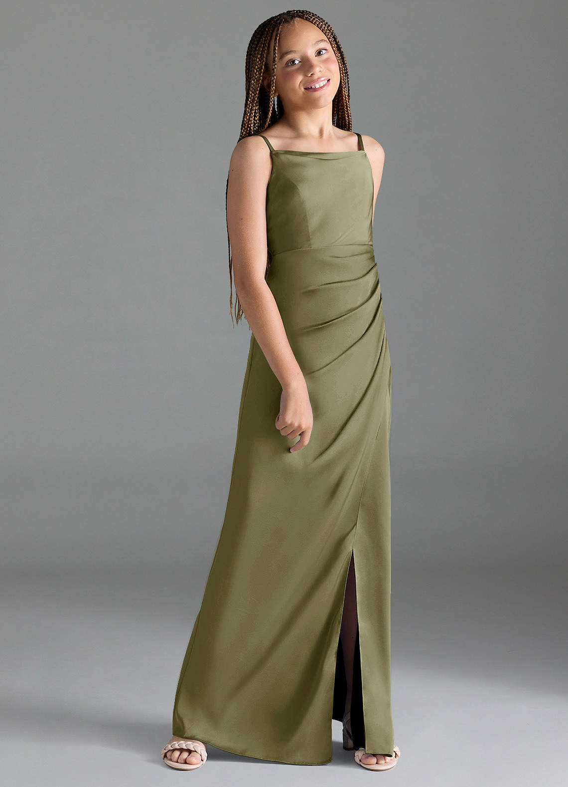 Azazie Leonis Junior Pistachio A-Line Pleated Stretch Satin Dress image2