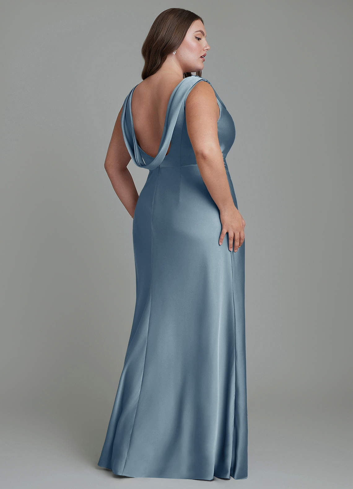 Azazie Kieryn Bridesmaid Dresses Dusty Blue Mermaid Pleated Stretch Satin Dress image7