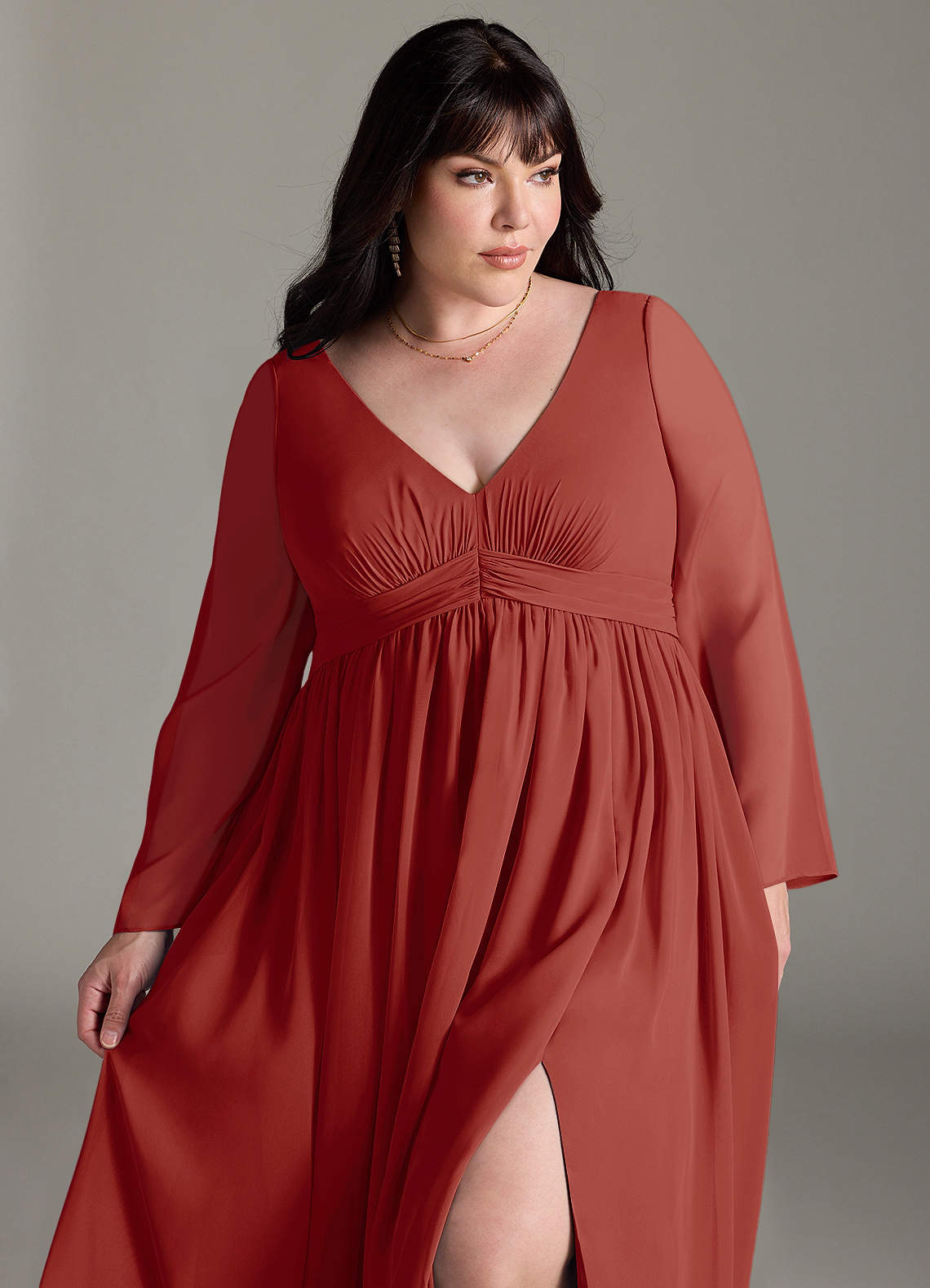 Azazie Teton Vestidos de dama de honra para maternidade Vestido Linha A Manga comprida Comprimento do chão Chiffon image11