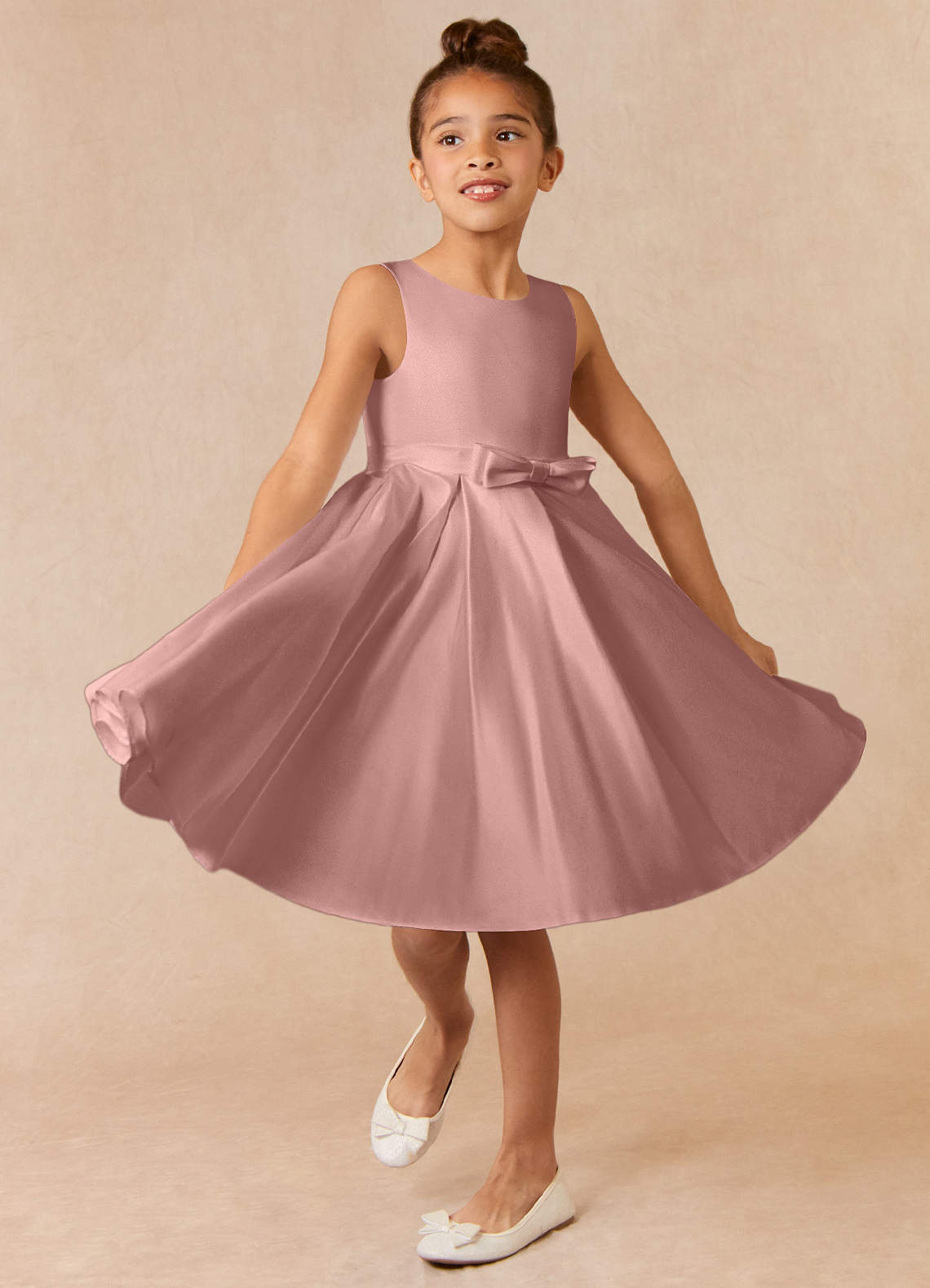 Azazie Coco Flower Girl Dresses Rose Gold A-Line Bow Matte Satin Dress image1