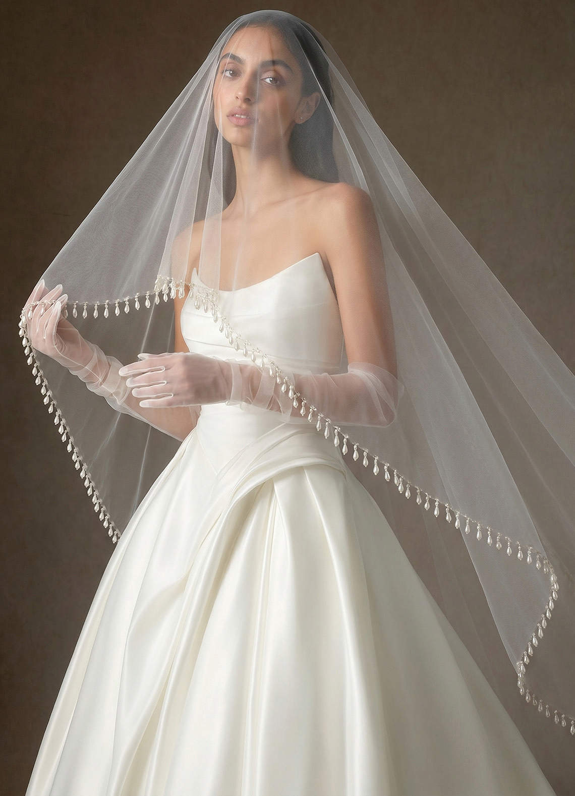 front Fingertip Cascading Pearl Fringe Bridal Cape Veil