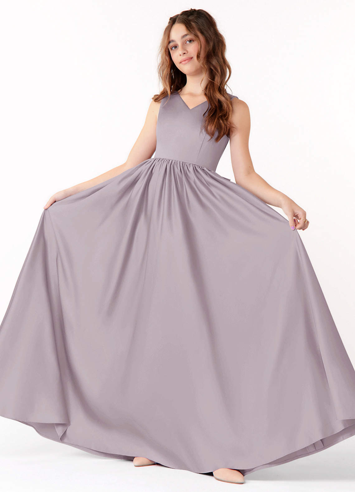 Azazie Hathaway Junior A-Linie Schleifen Matte Satin Kleid Dämmerung image1