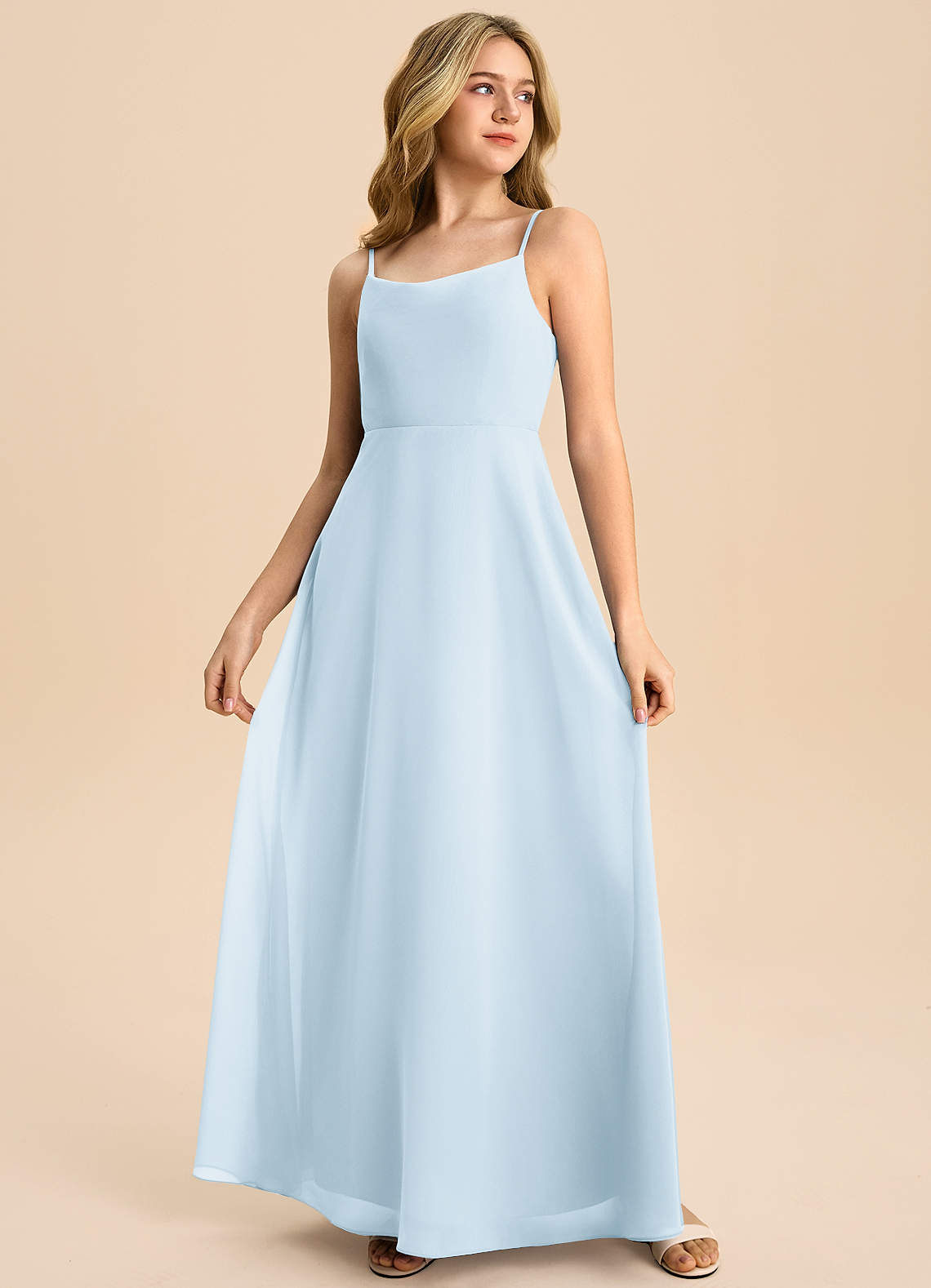 Azazie Shale Junior Sky Blue A-Line Bow Chiffon Dress image3