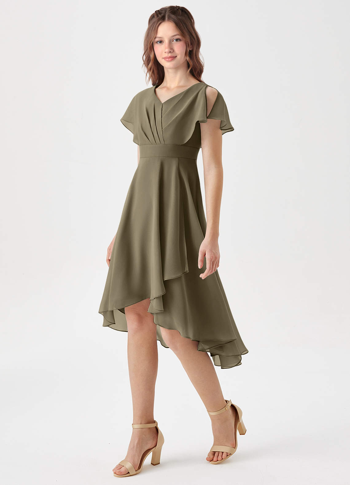 Azazie Graciela Junior Robe Trapèze en Mousseline de soie Plissée Vert Saule image1