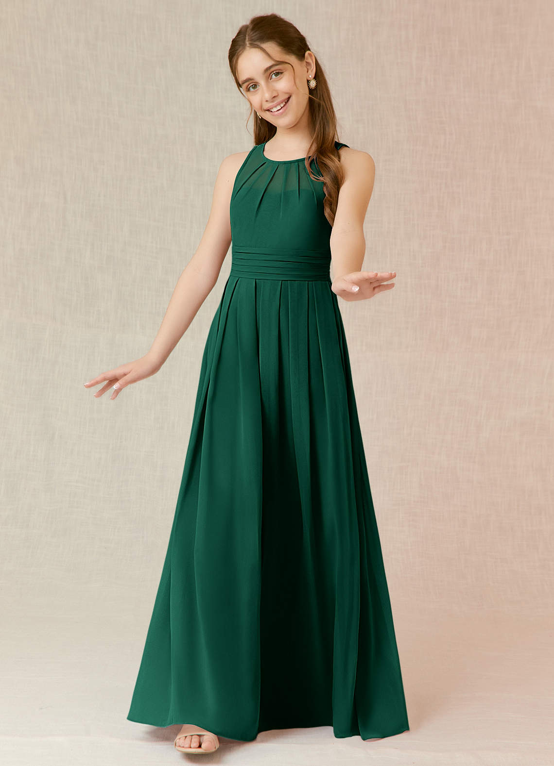 Azazie Bibiane Junior Emerald A-Line Pleated Chiffon Dress image3