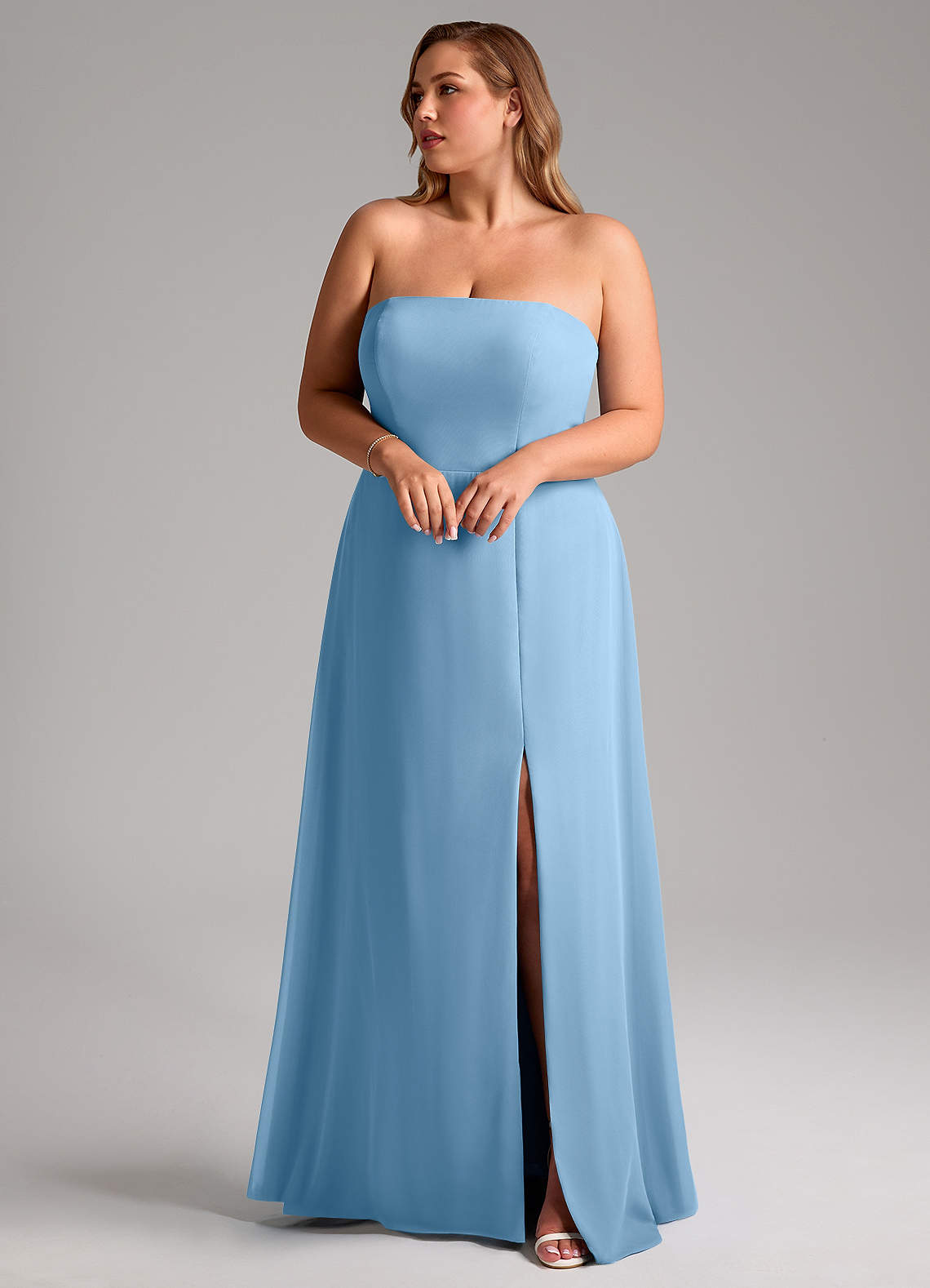Azazie Wren Abiti da Damigella Abito Convertibile A-Line in Chiffon Spacco Laterale Blu Acciaio image8