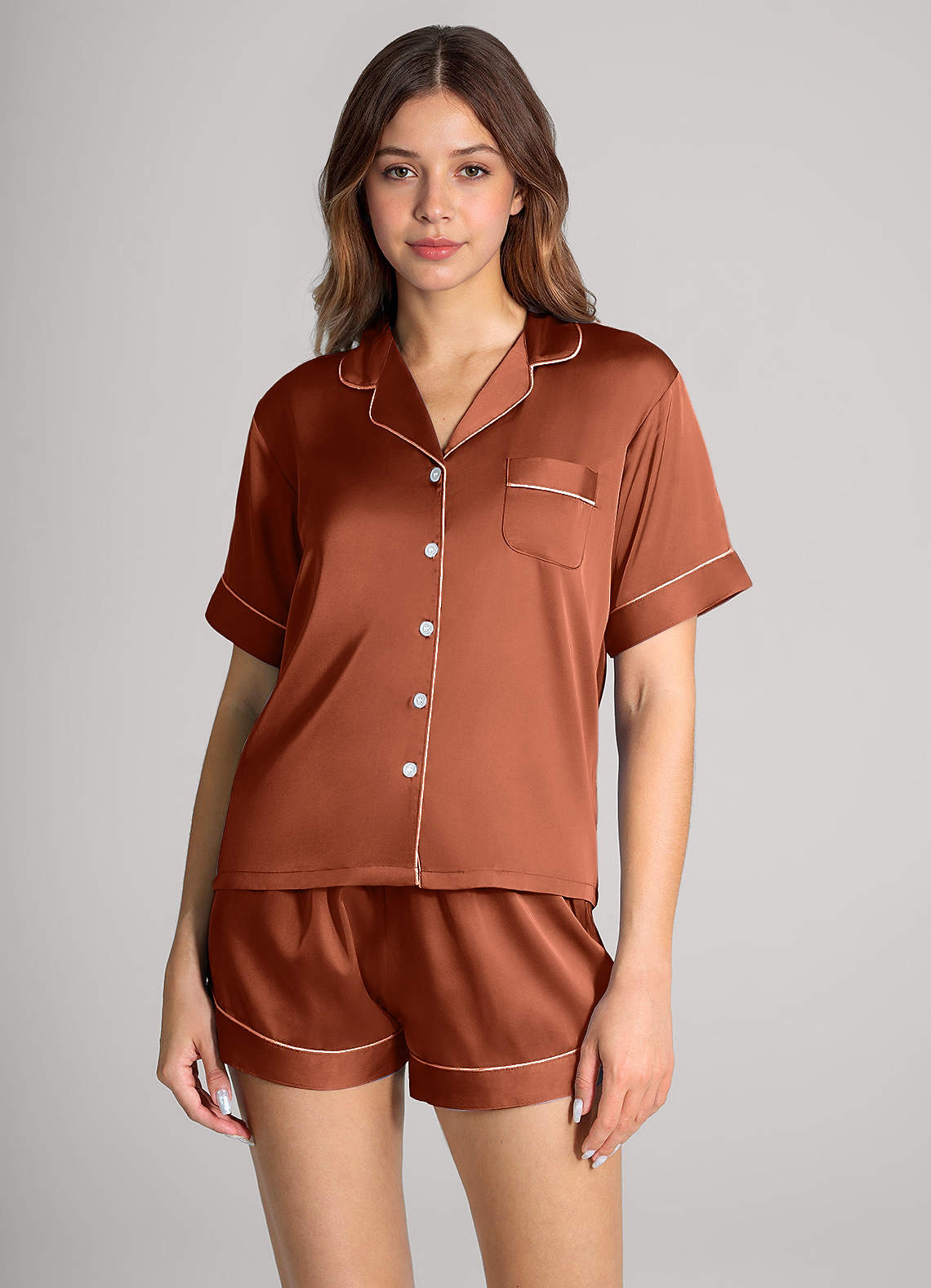 front Matching Color Satin Contrast Piping Pajama Set