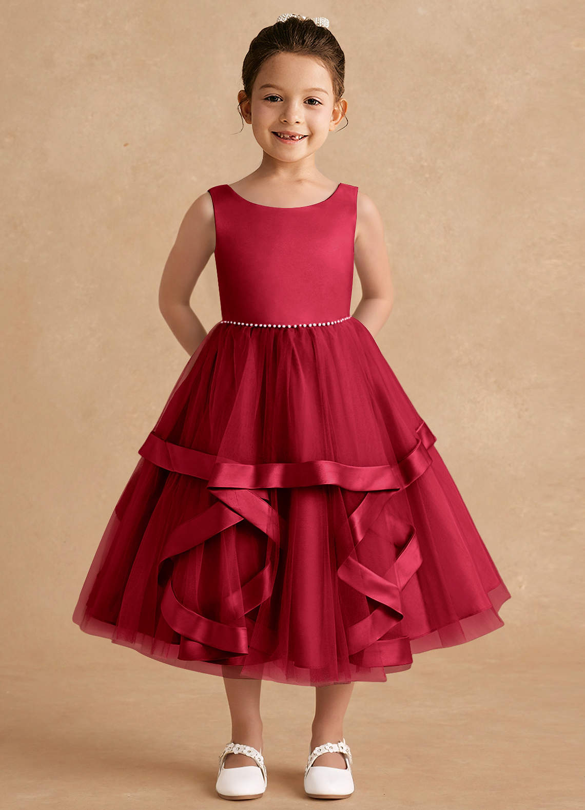 Azazie Posy Flower Girl Dresses Scarlet A-Line Beaded Tulle Dress image1