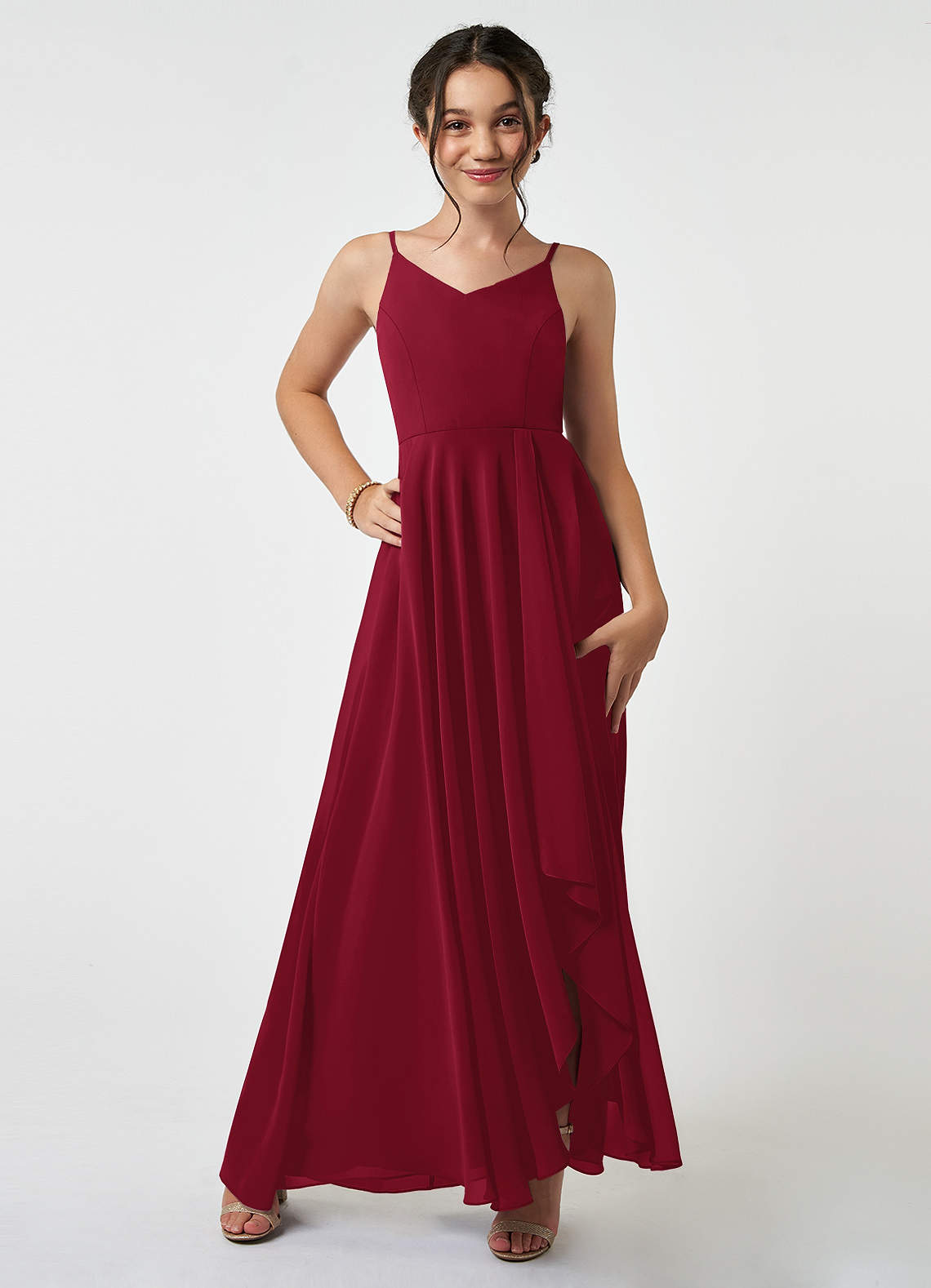 Azazie Collette Junior Burgundy A-Line Ruched Chiffon Dress image1
