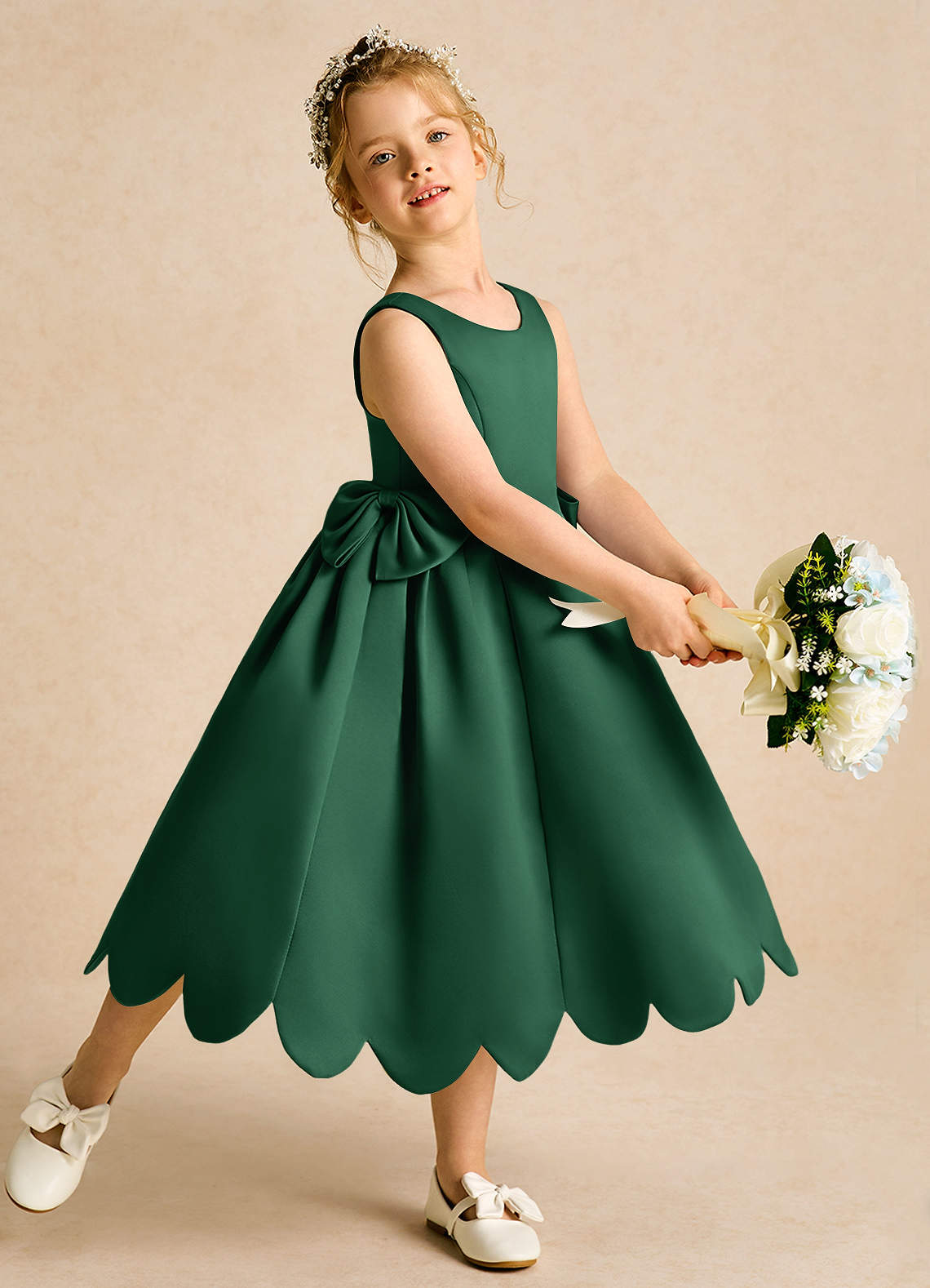 Azazie Macaroon Flower Girl Dresses Dark Green Ball-Gown Bow Matte Satin Dress image1