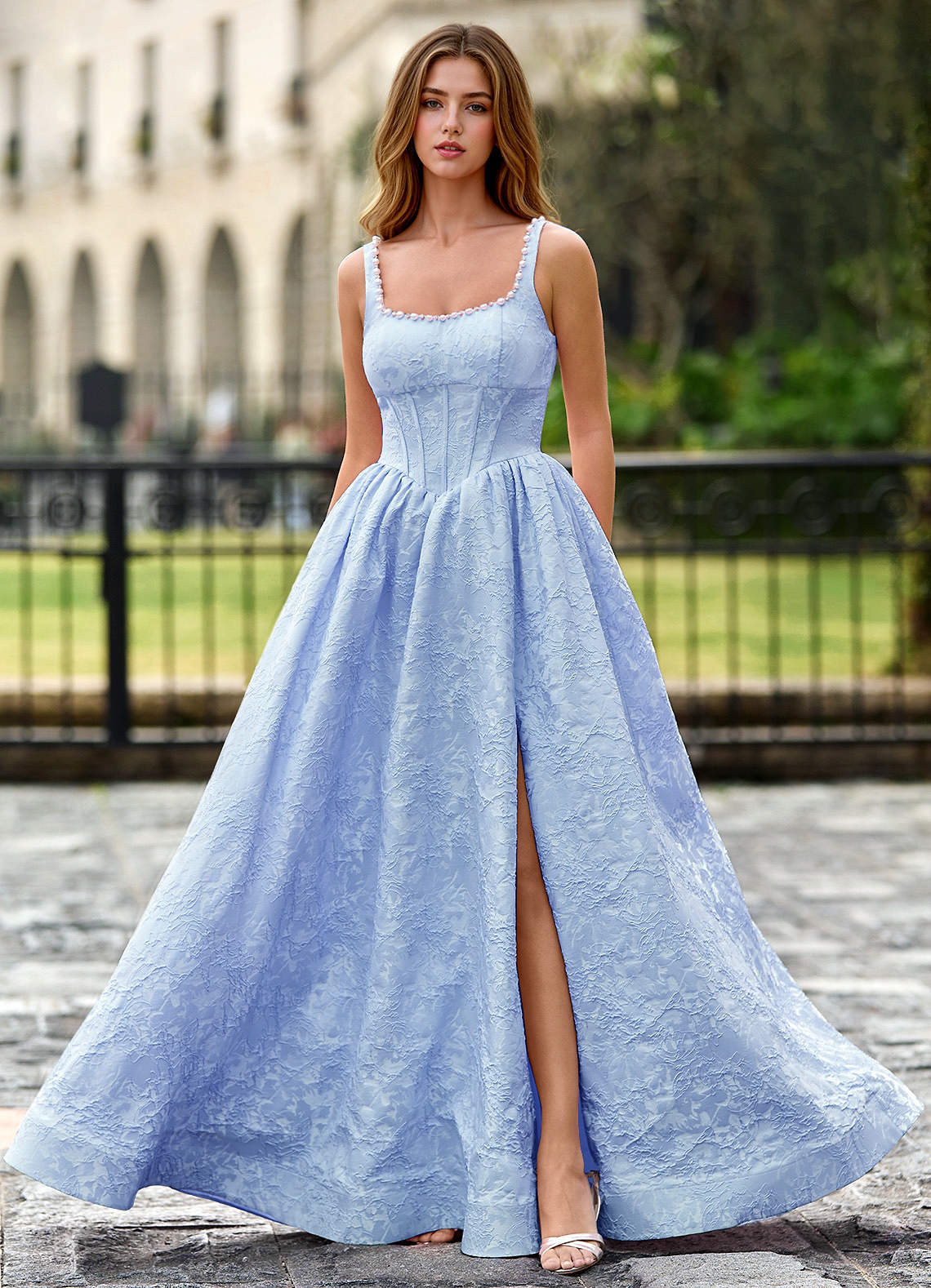 Thyme Taivaansininen A-linjainen 3D-kukkia koristeltu tanssiaismekko image5