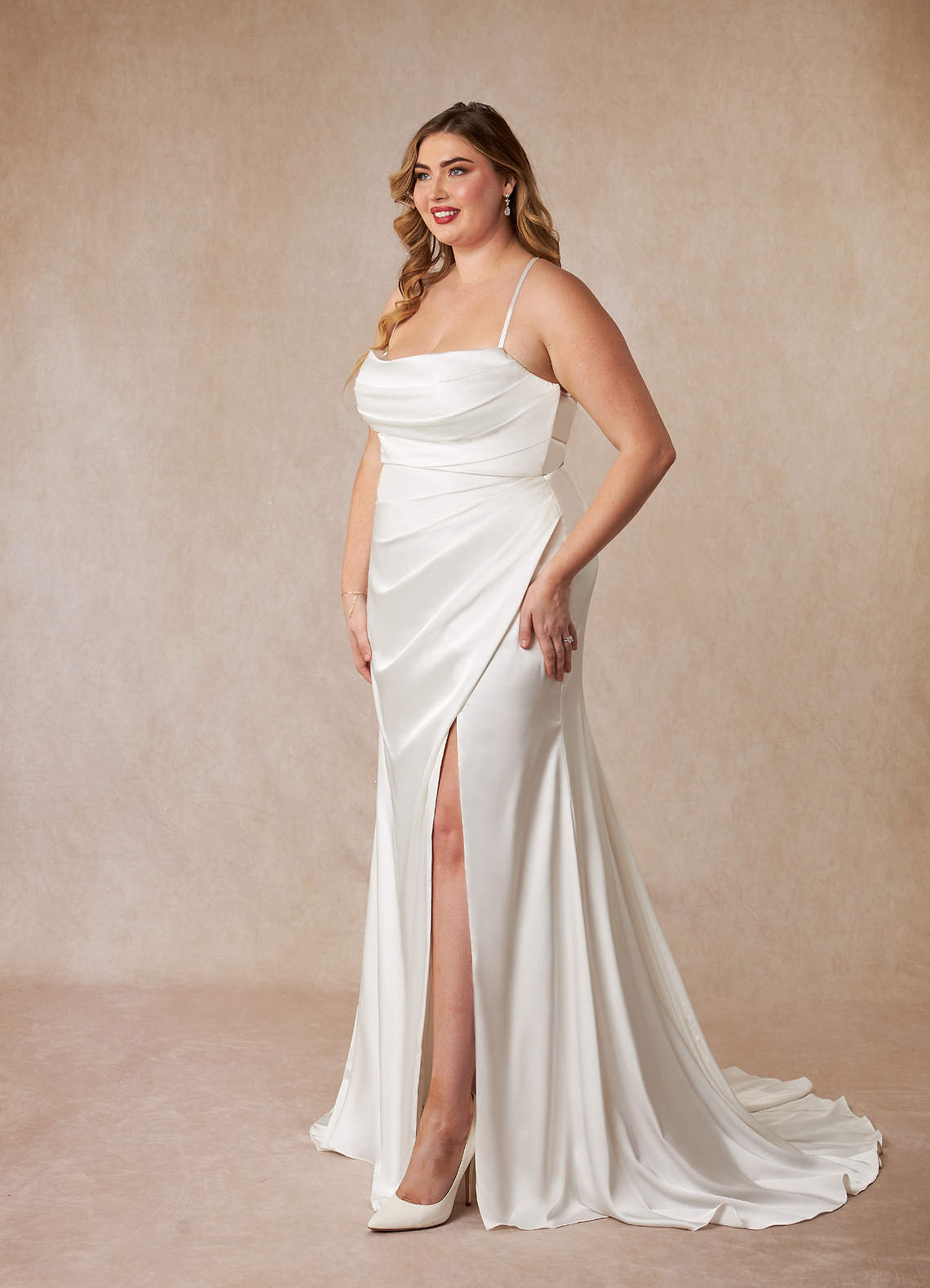 Azazie Kierra At-home Try On Dresses Diamond White Mermaid Pleated Stretch Satin Dress image9