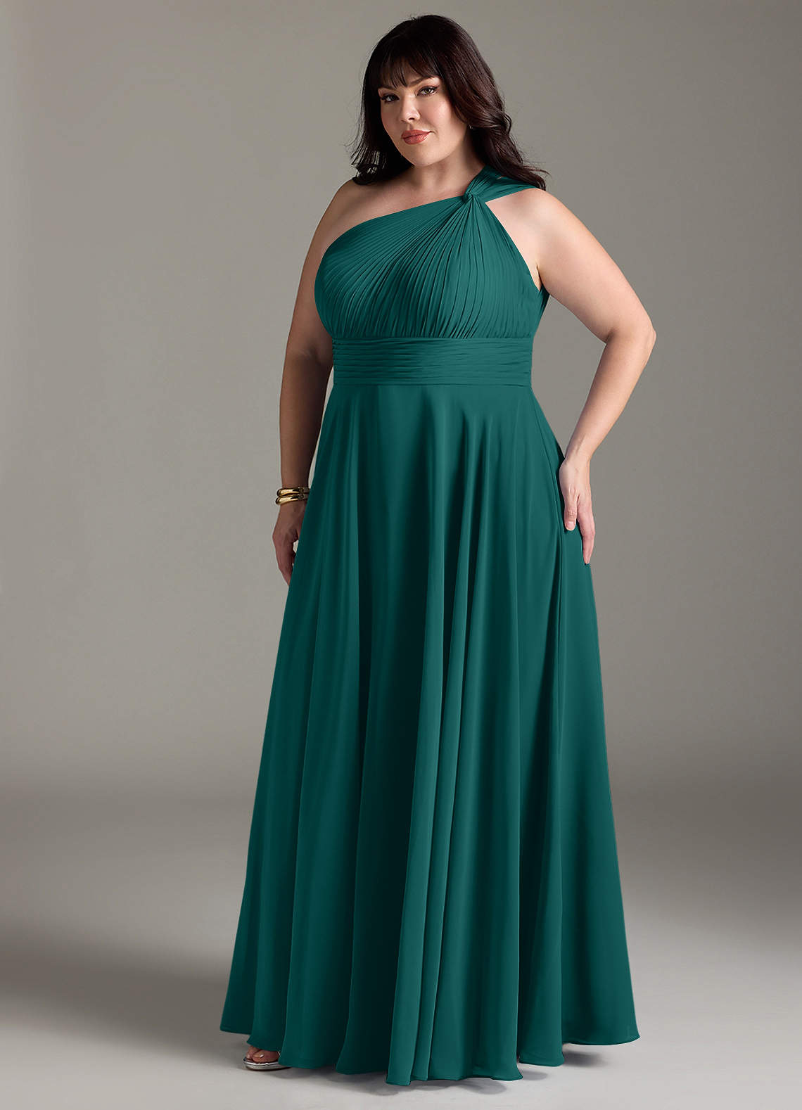 Azazie Charlize Abiti da Damigella Abito A-Line in Chiffon Monospalla Verde Pavone image10