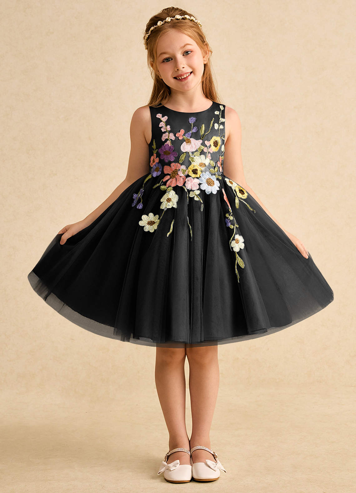 Azazie Prima Flower Girl Dresses Black A-Line Bow Tulle Dress image1
