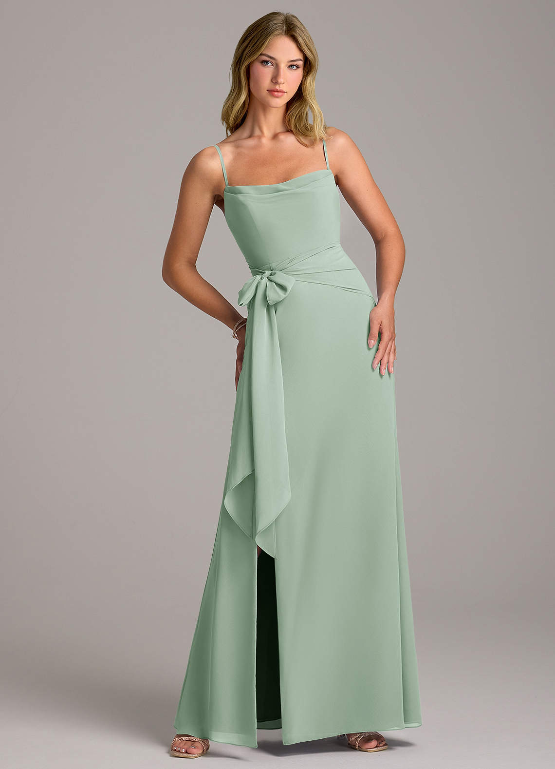 Azazie Tahlia Bridesmaid Dresses Agave A-Line with Belt Chiffon Dress image1