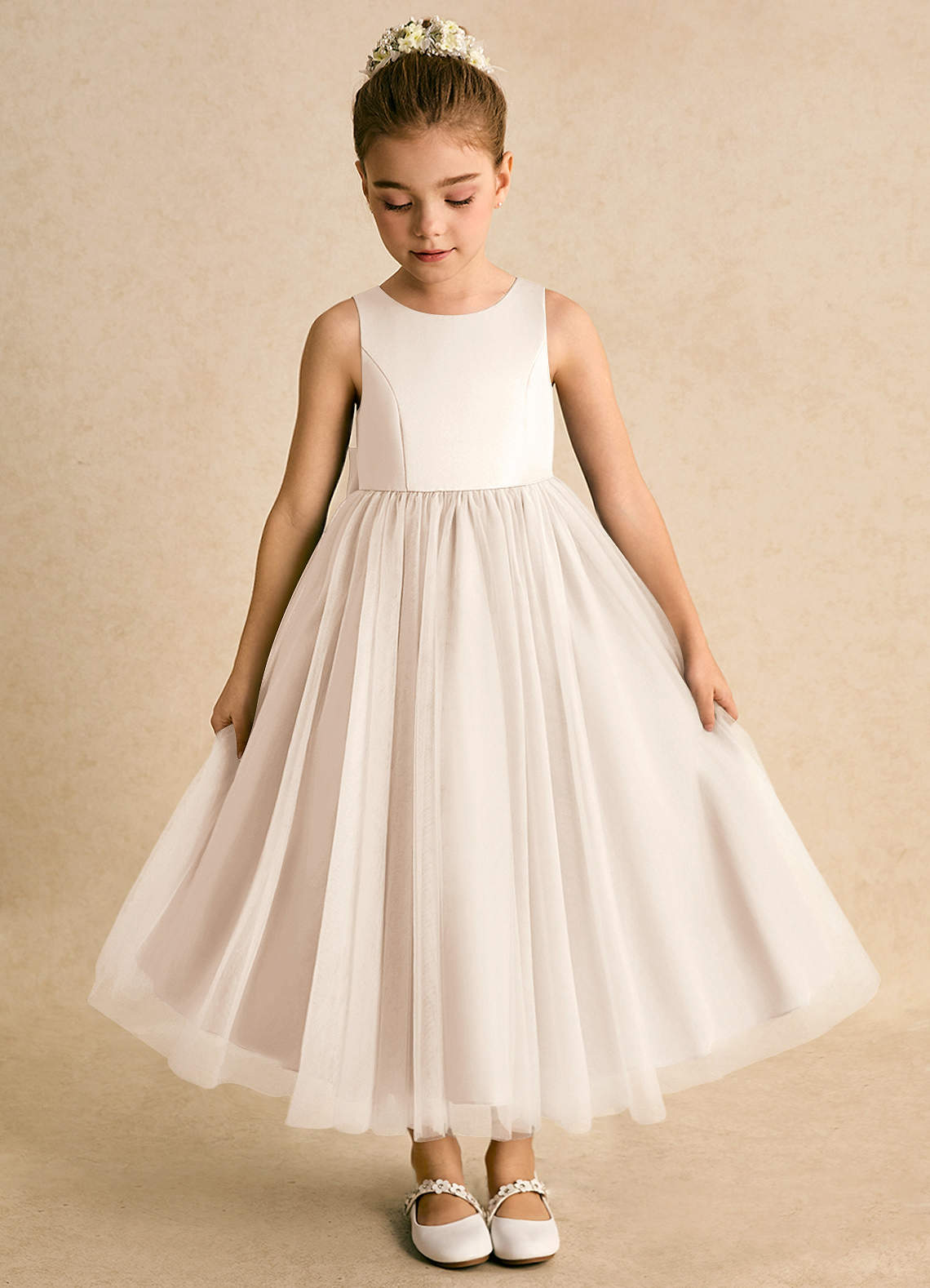Azazie Solia Flower Girl Dresses White Alabaster Ball-Gown Bow Tulle Dress image5