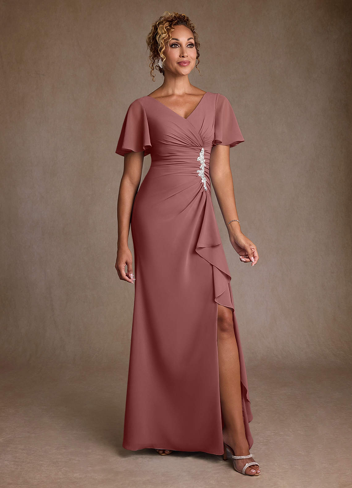 Azazie Suffolk vestidos de madre de la novia Vestido de Rosa Del Desierto de Gasa de Corte en A con Plisado image1