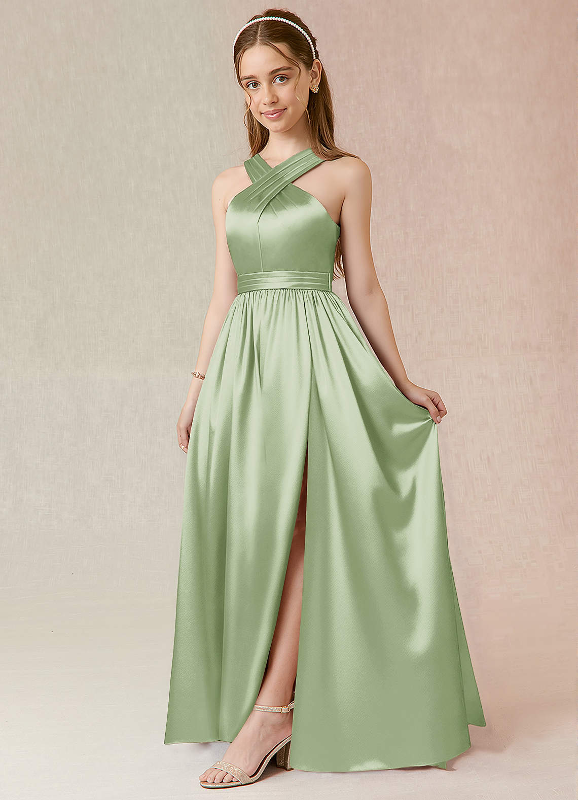 Azazie Jiya Junior Dusty Sage A-Line Pleated Metallic Satin Dress image1