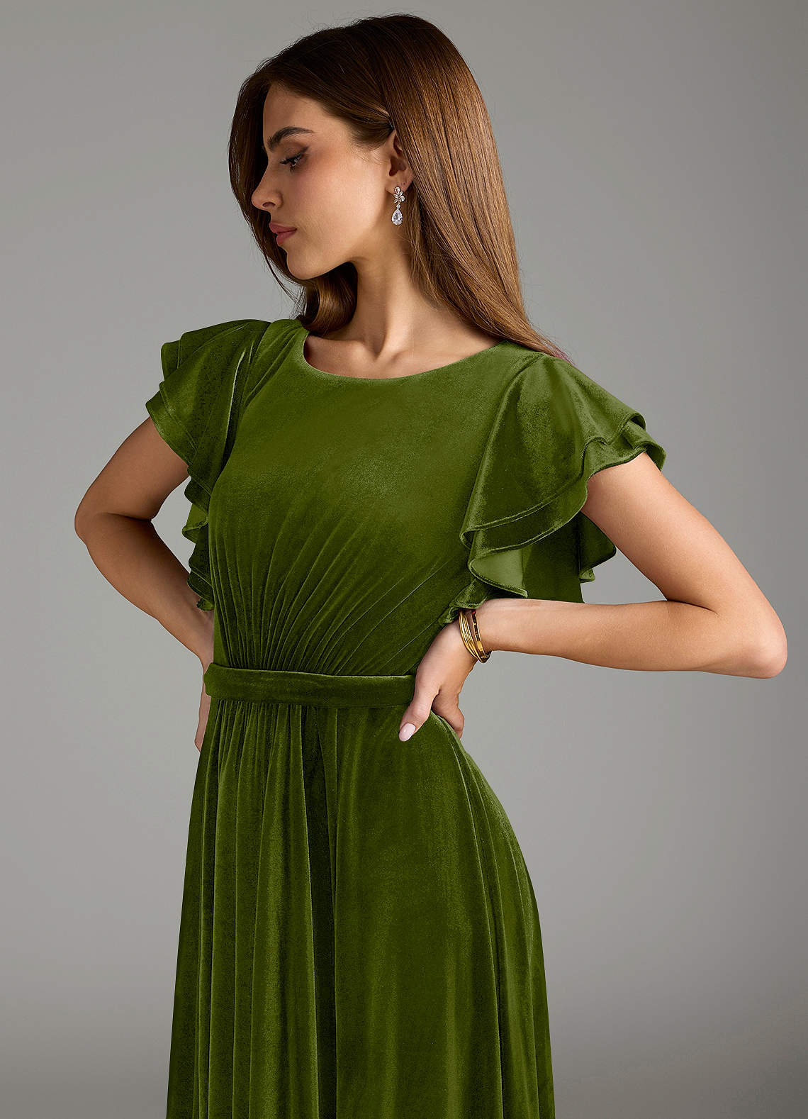 Azazie Daphne Modest Bridesmaid Dresses A-Line Velvet Floor-Length Dress with Belt image1