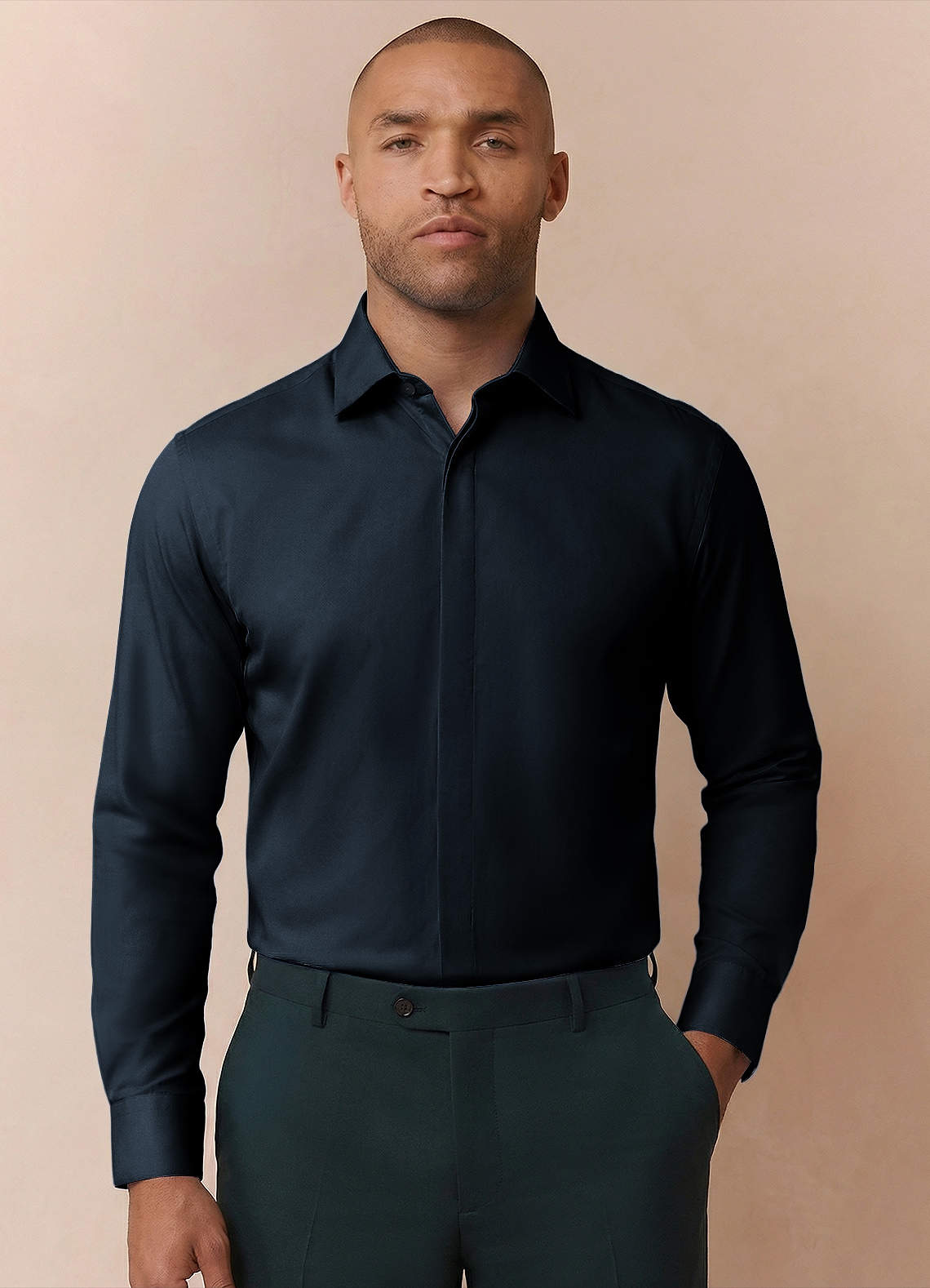 front Noah Navy Blue Performance Stretch Dress Shirt