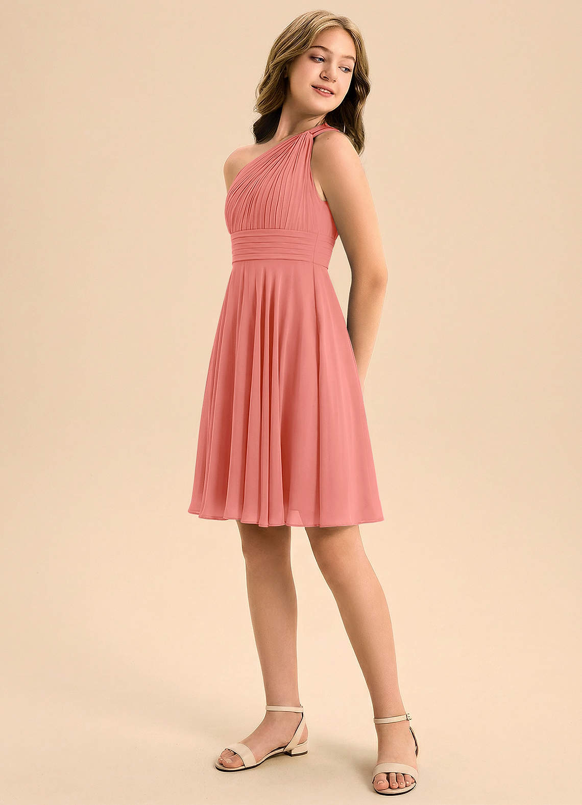 Azazie Charlize Junior Salmon Pink A-Line Pleated Chiffon Dress image3
