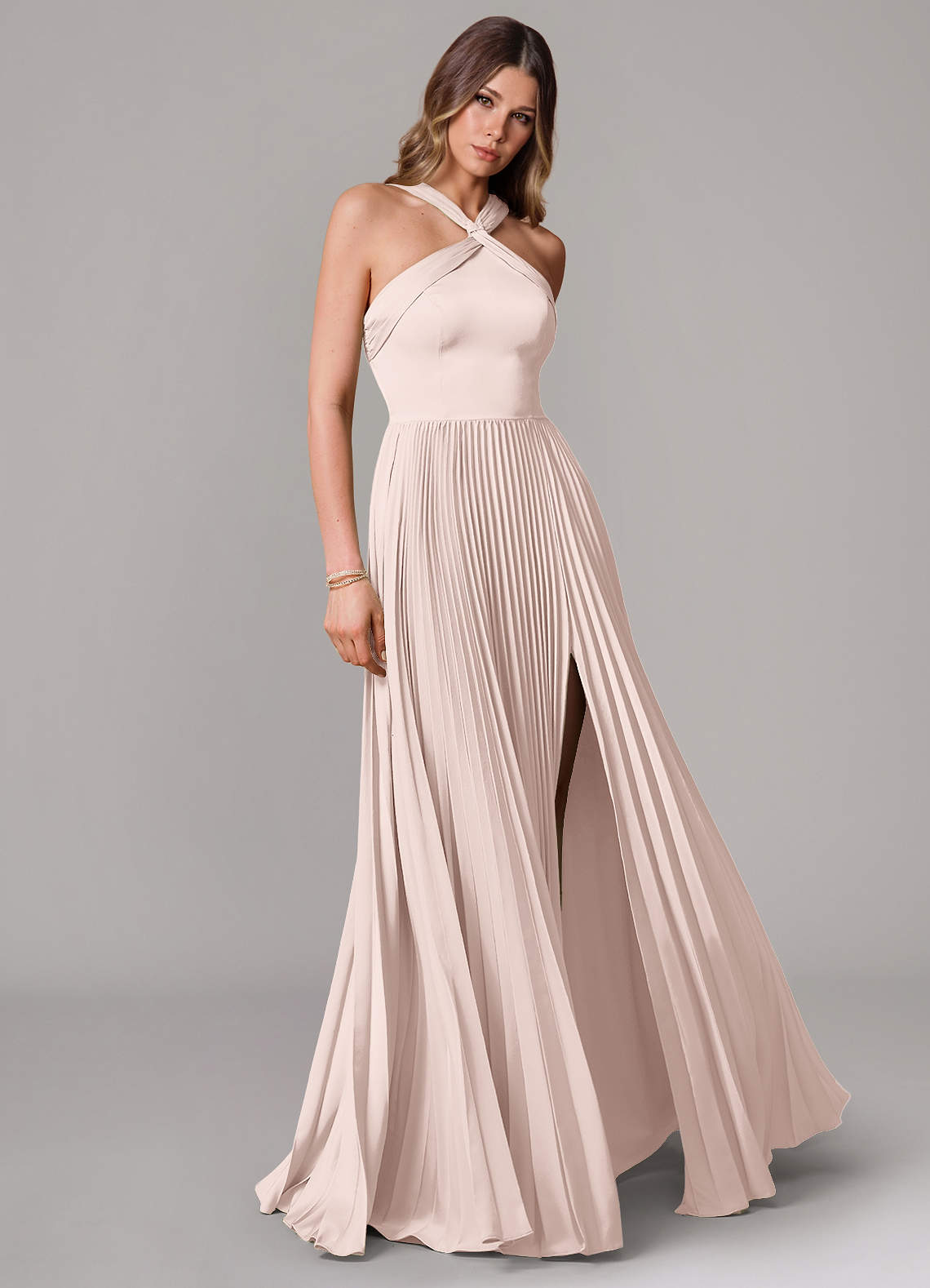 Azazie Afra Bridesmaid Dresses Blushing Pink A-Line Pleated Stretch Satin Dress image1