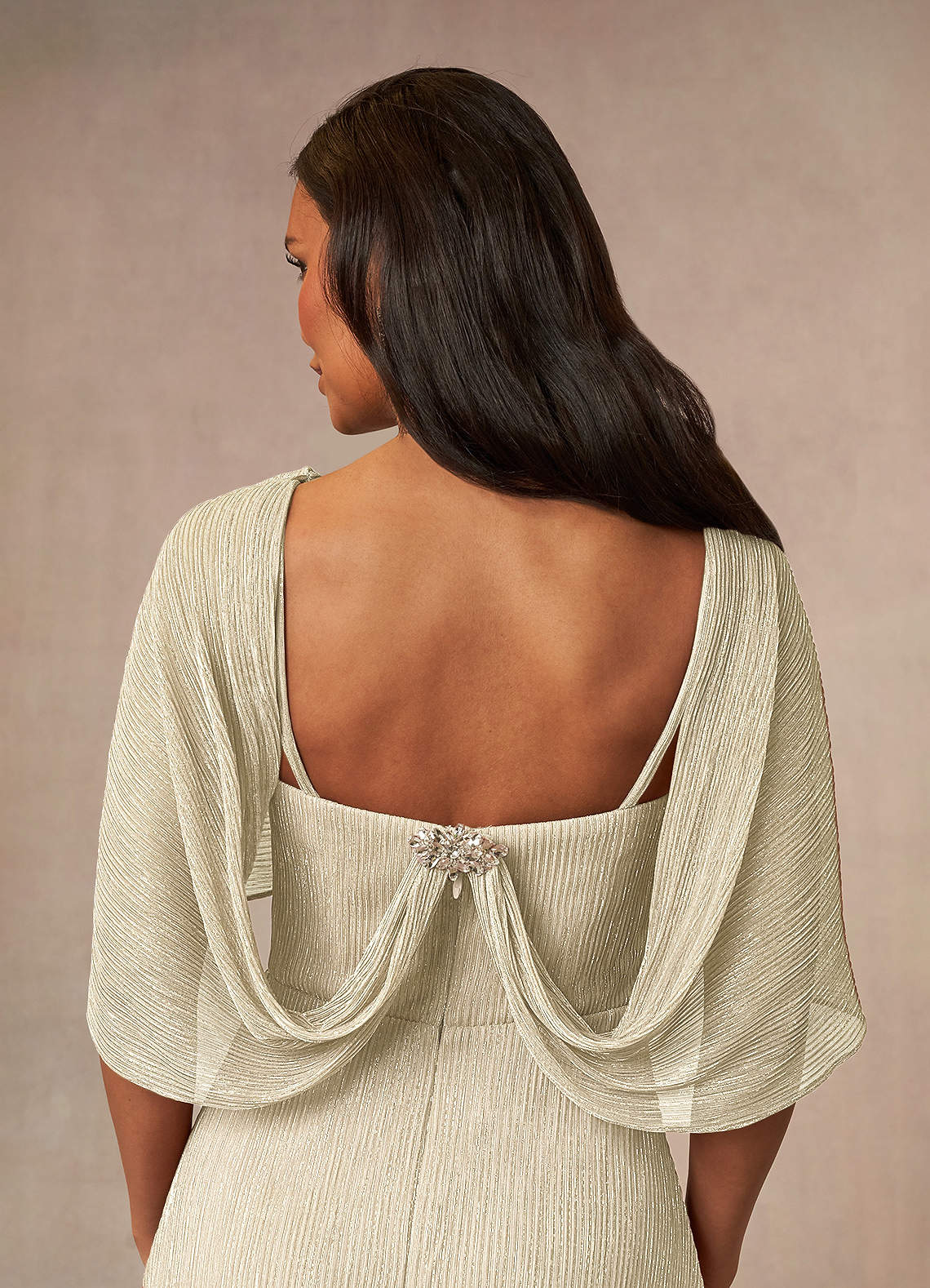 Azazie Loretta At-home Try On Dresses Aquamarine A-Line Cowl Cape Metallic Mesh Dress image3