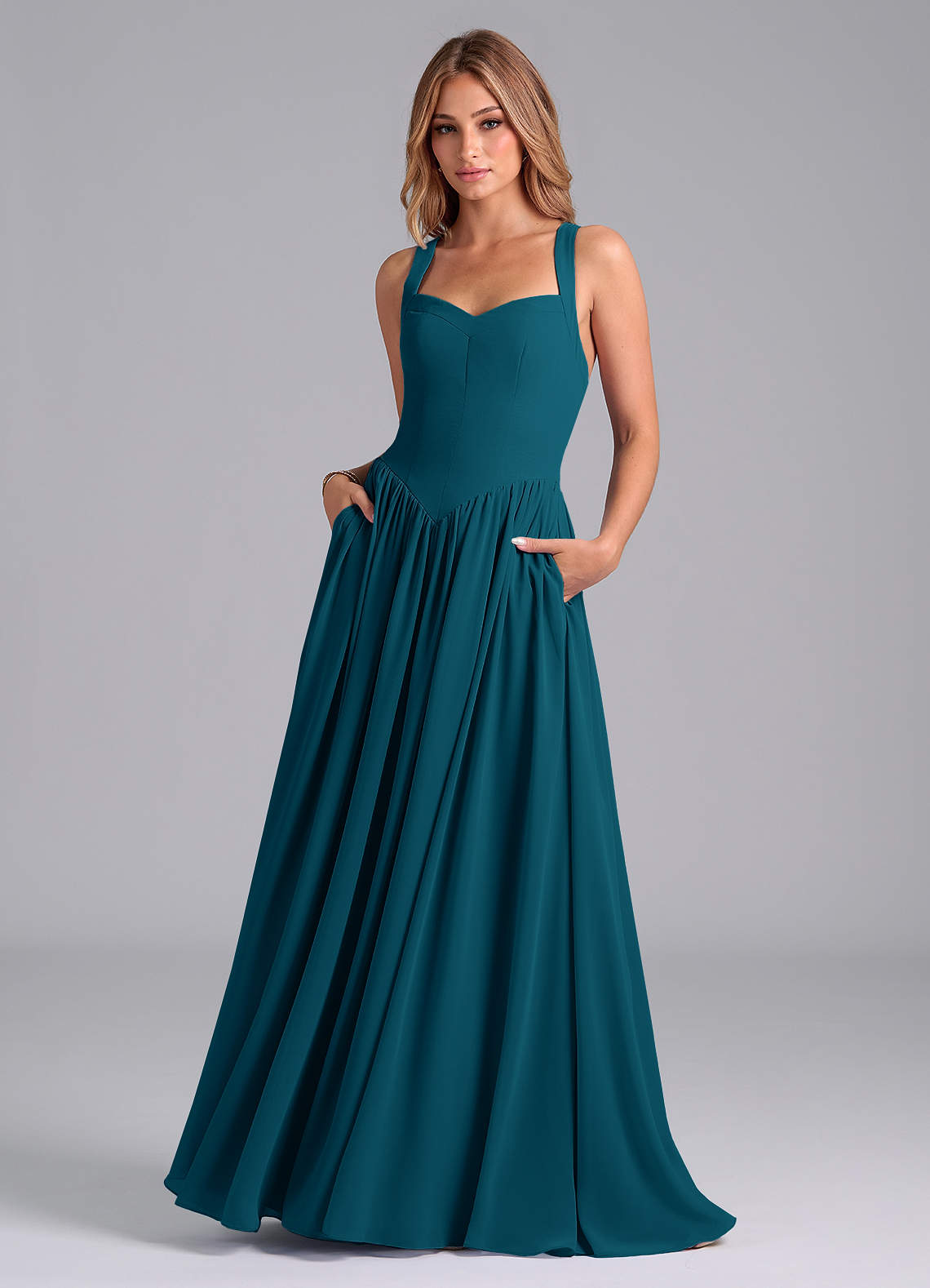 Azazie Francis Vestidos de damas de honor Vestido de Azul Tinta de Gasa de Corte en A con Corsé image1