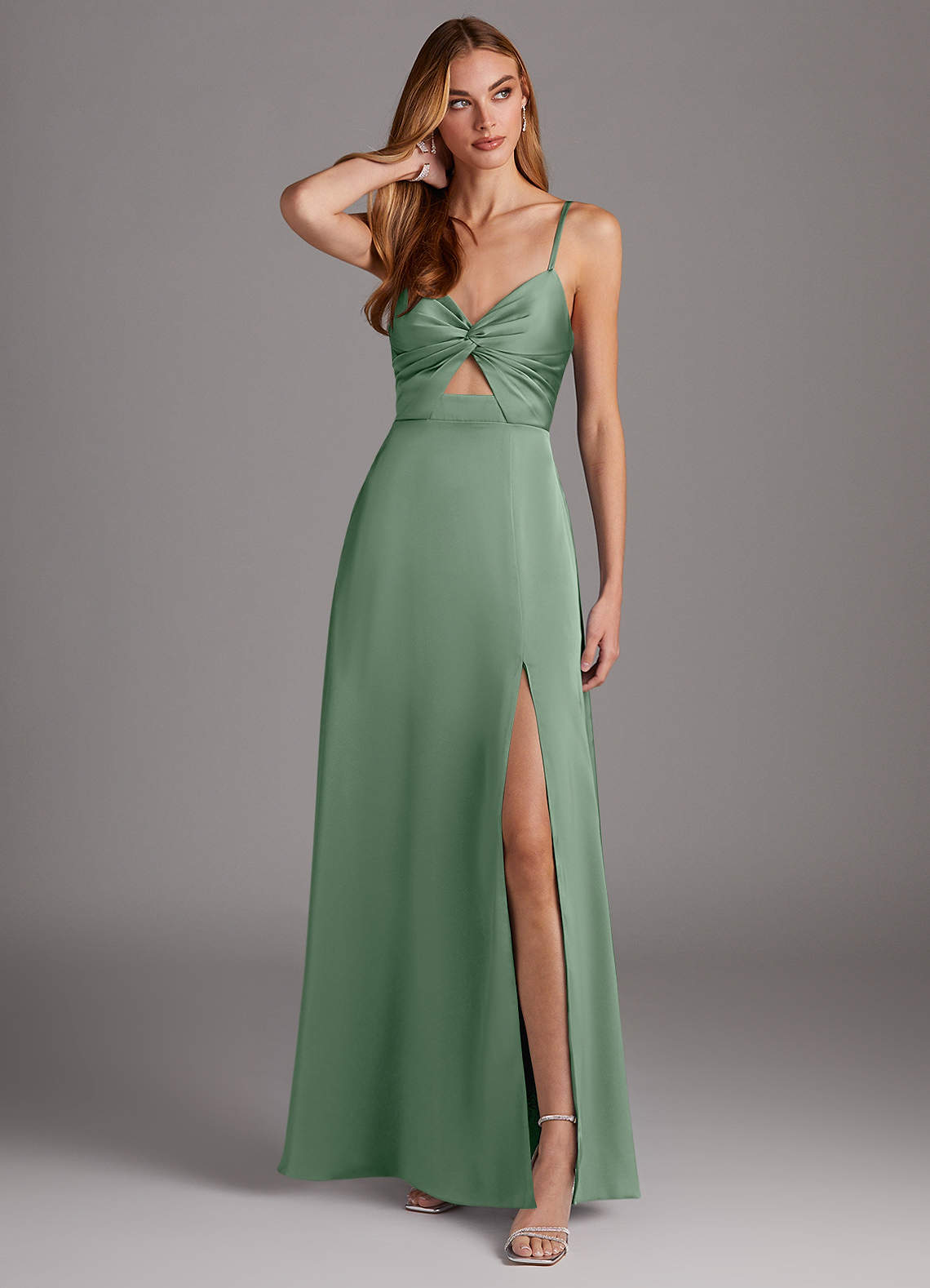 Azazie Jenna Bridesmaid Dresses Matcha A-Line Pleated Stretch Satin Dress image1