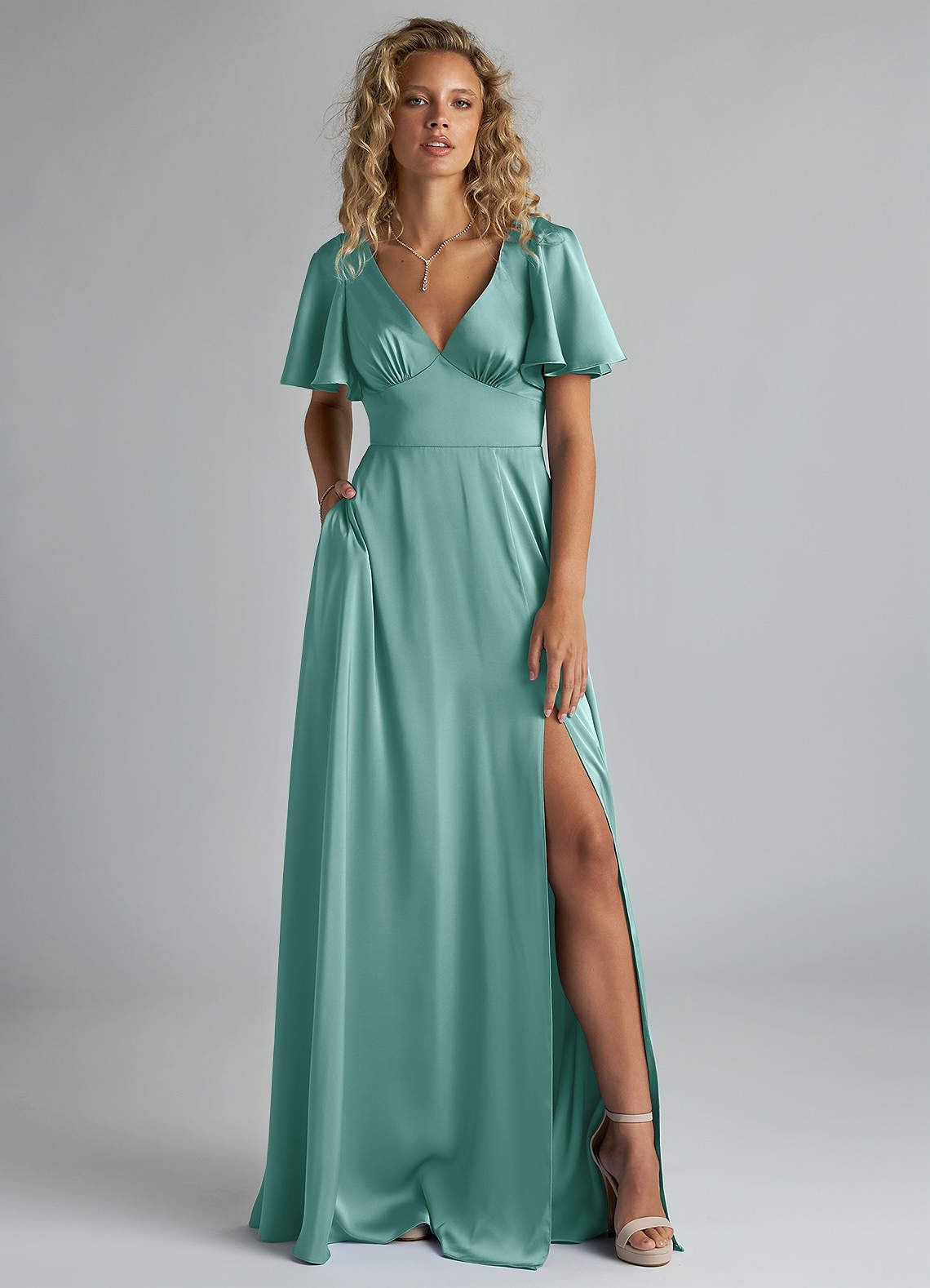 Azazie Kimber Bridesmaid Dresses Aqua A-Line Ruched Stretch Satin Dress image1