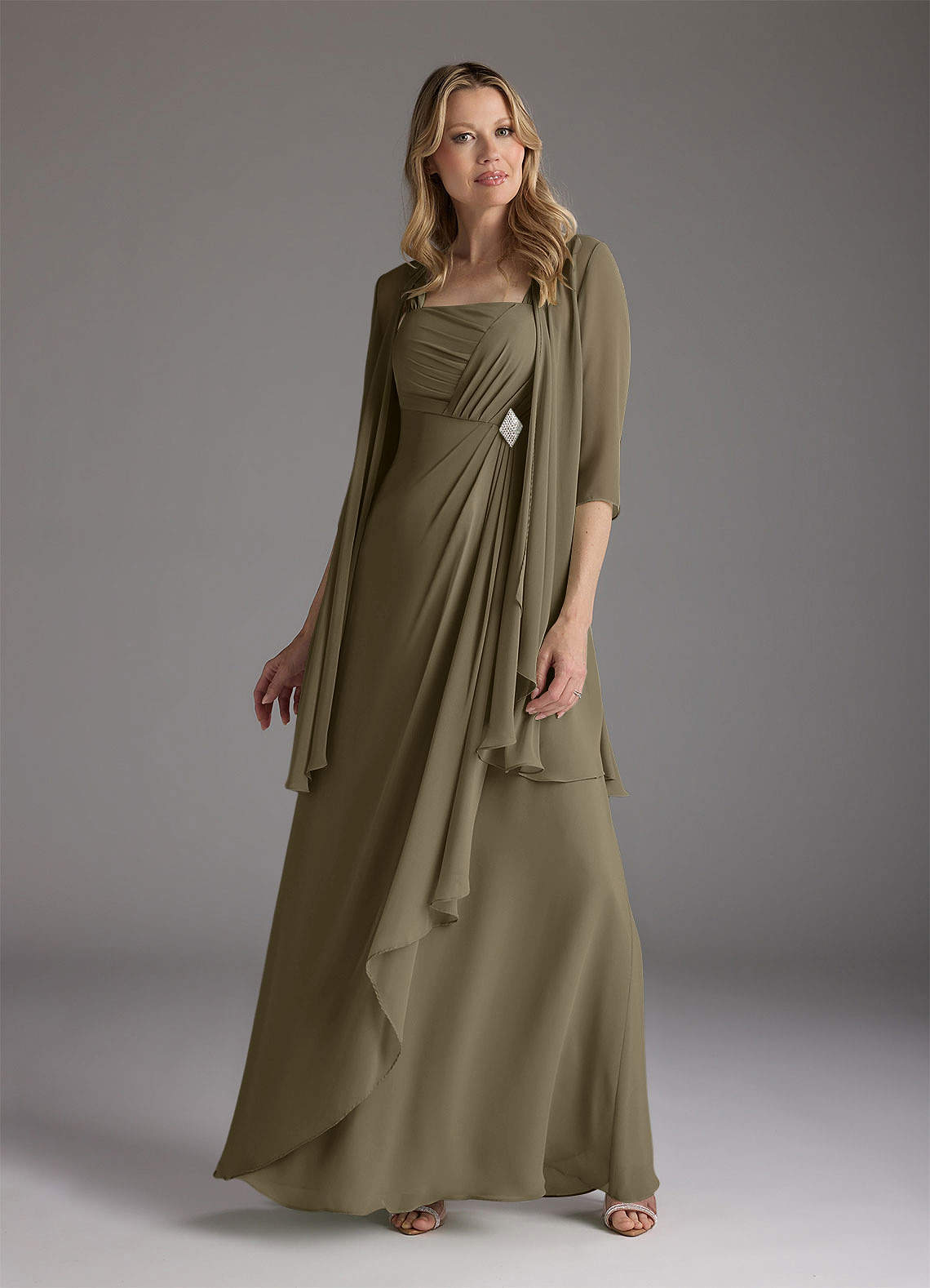 Azazie Weisz vestidos de madre de la novia Vestido de Verde Sauce de Gasa de Corte En A con Cuello cuadrado plisado image1