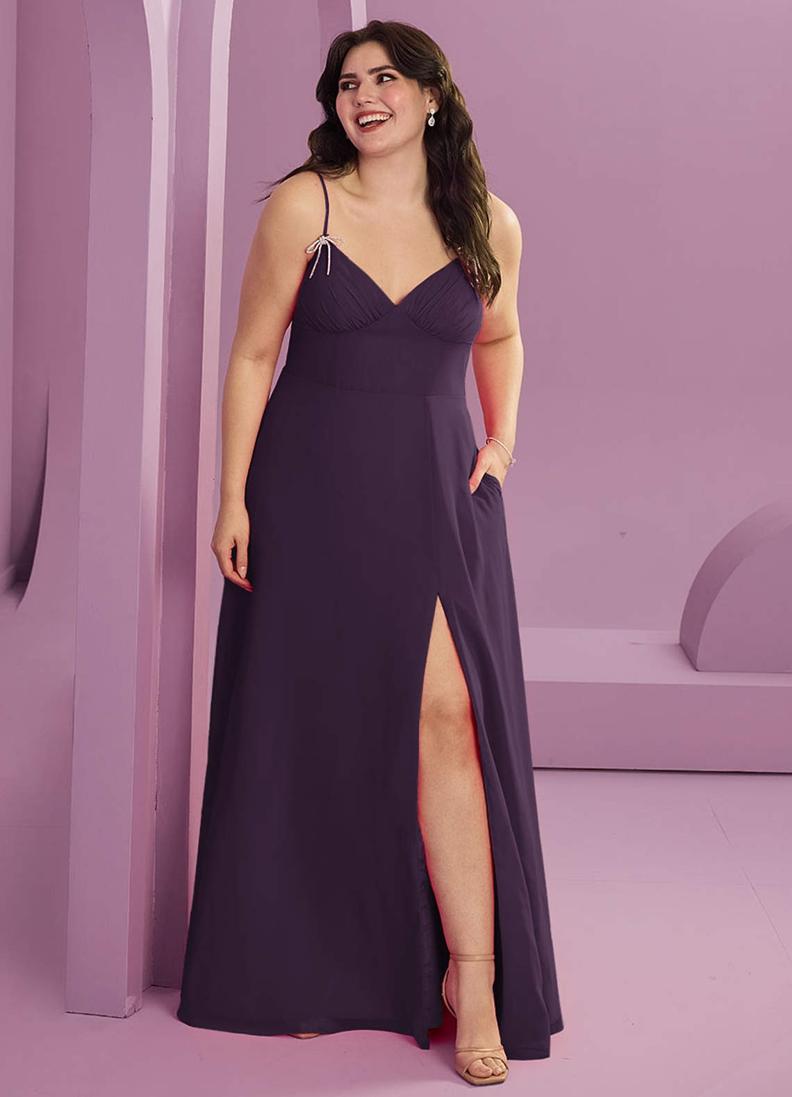 Barbie ♥ Azazie Bridesmaid Dresses Plum A-Line with Pockets Chiffon Dress image1