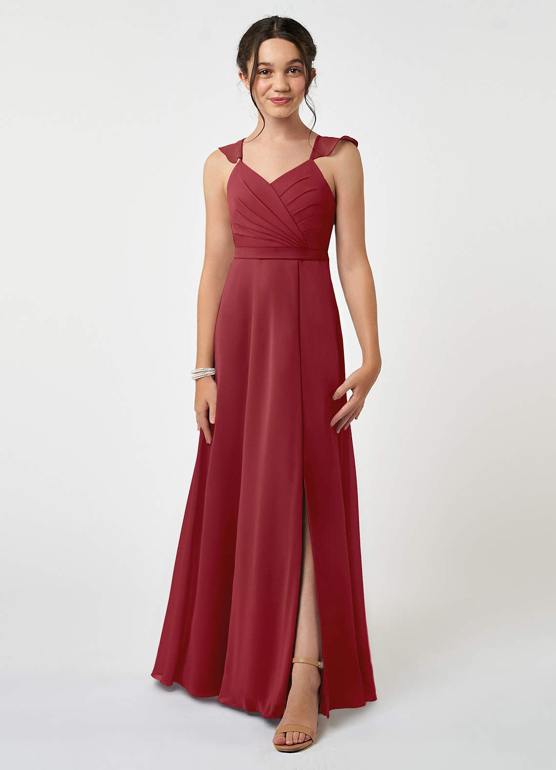 Azazie Emily Junior A-Linie Gestreift Chiffon Kleid Granatapfelrot image1
