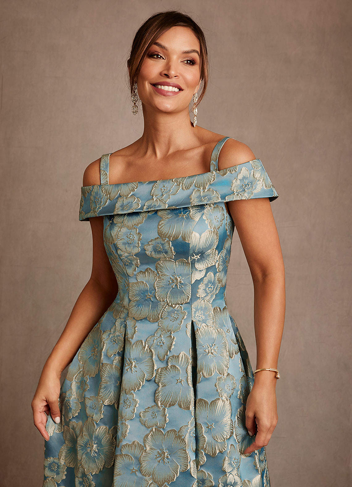 Azazie Centralia Lake Blue Jacquard A-Line Off the Shoulder Floral